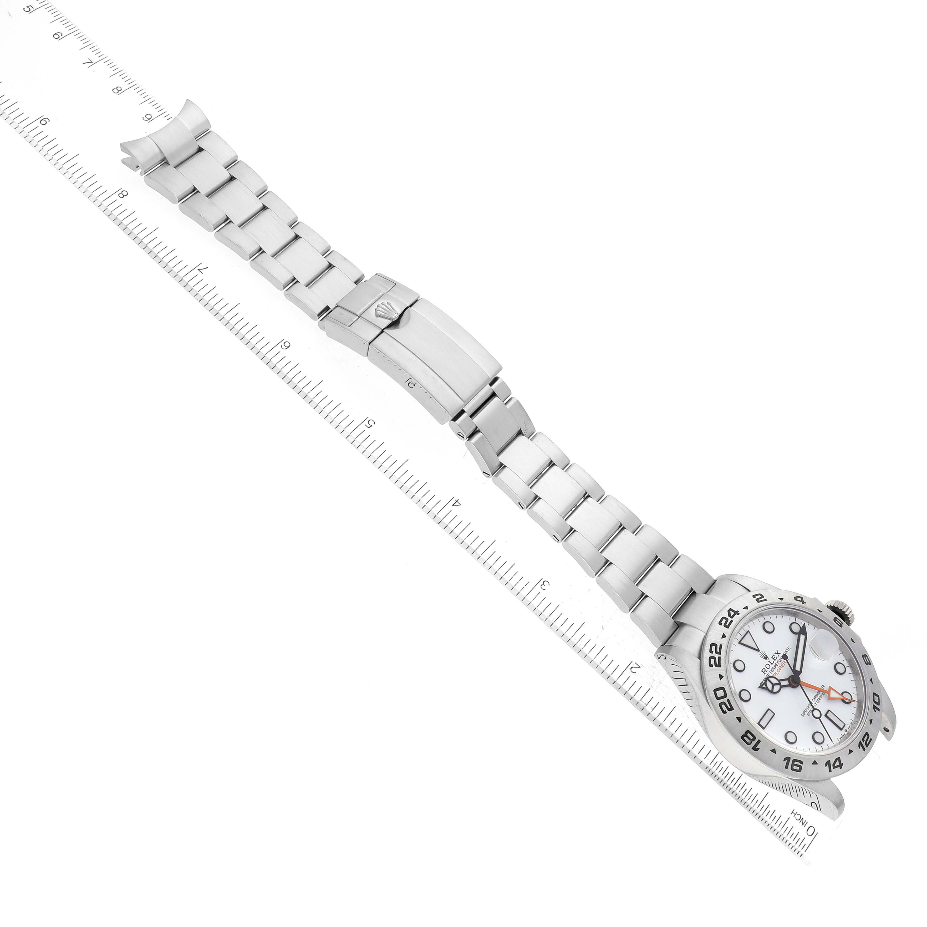 The image shows a top-down view of a Rolex Explorer 226570 Men's Stainless Steel White Dial 226570 Men's Stainless Steel White Dial model, depicting its watch face, bracelet, and clasp.