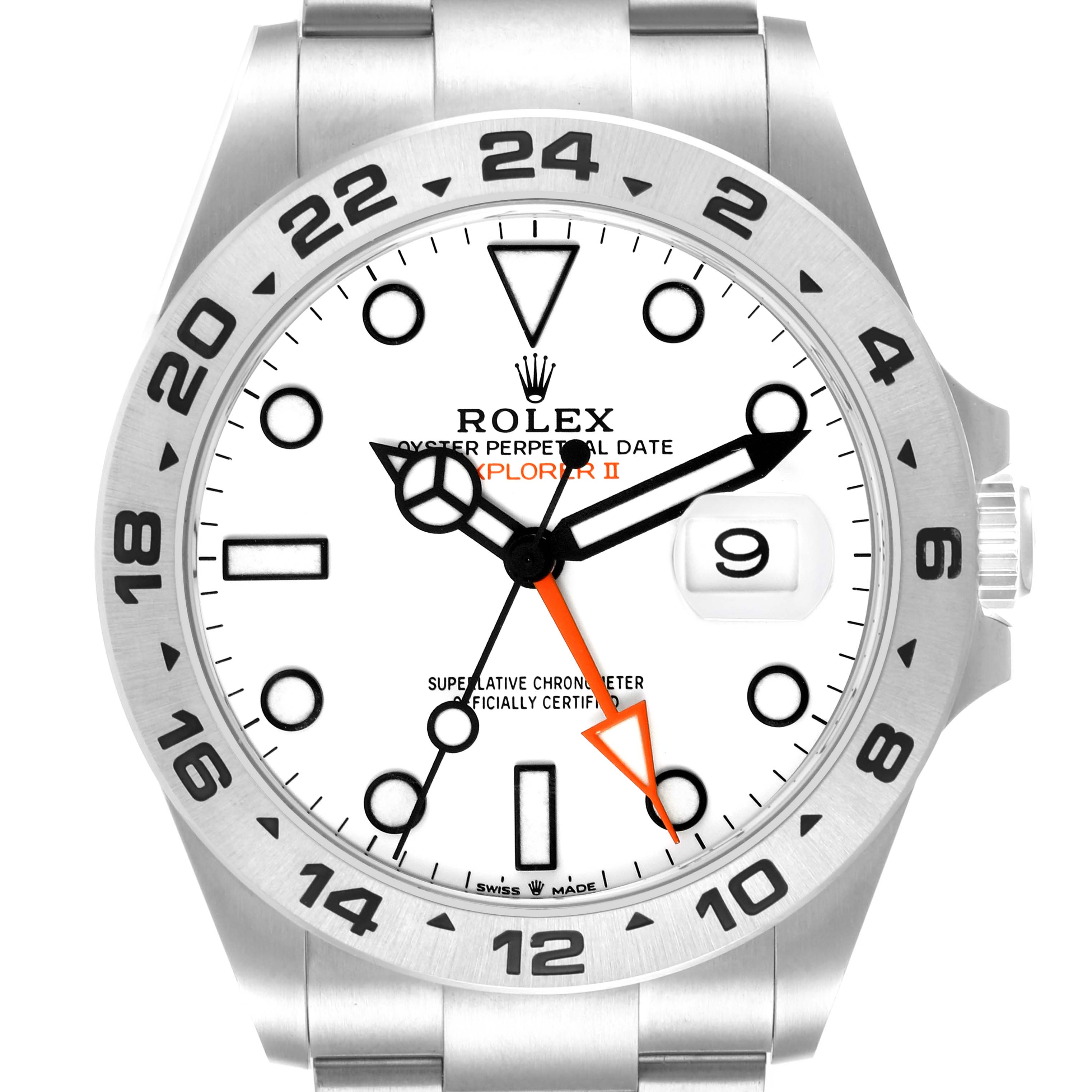 The image shows a front view of the Rolex Explorer 226570 Men's Stainless Steel White Dial 226570 Men's Stainless Steel White Dial watch, highlighting the face, bezel, crown, and part of the bracelet.