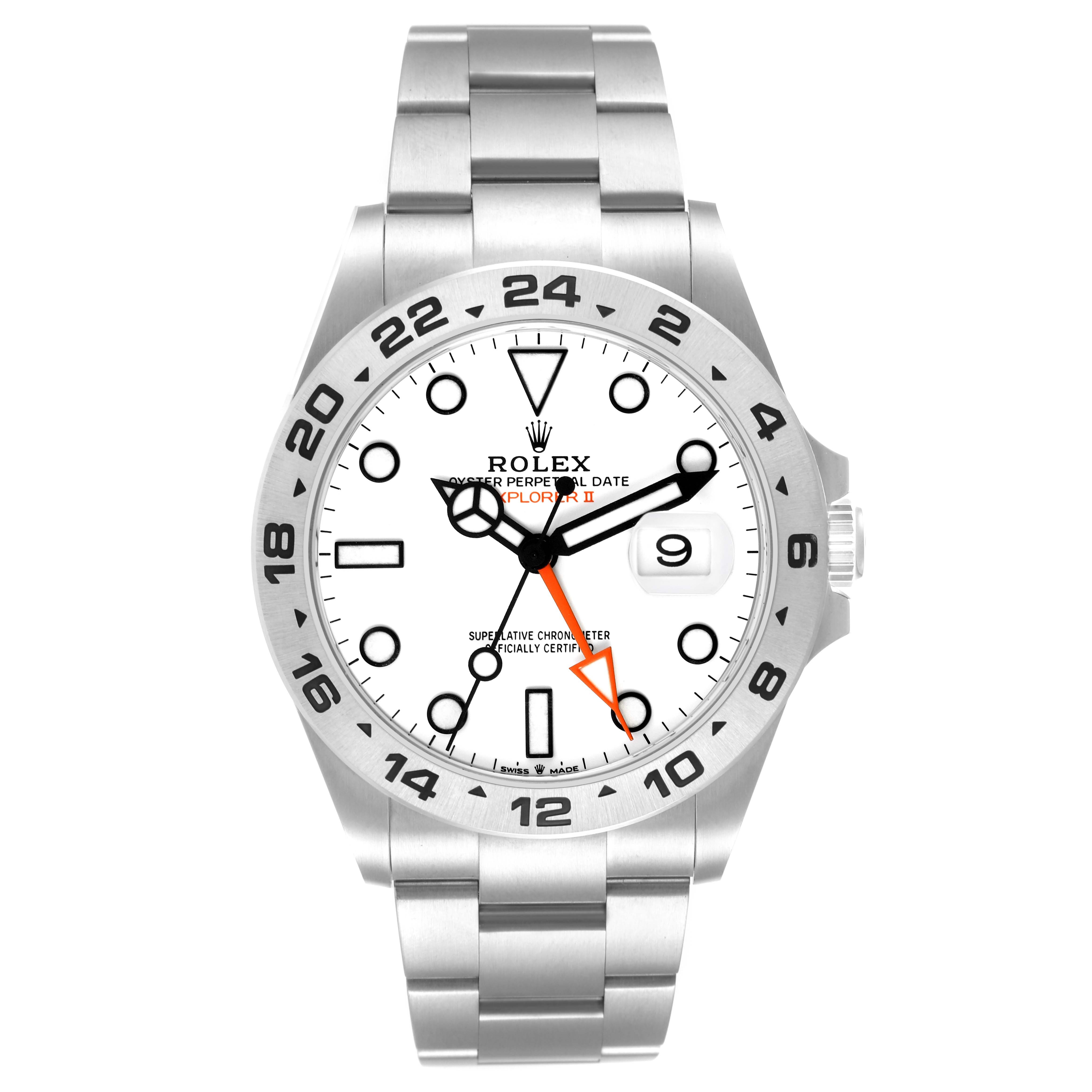 This Rolex Explorer 226570 Men's Stainless Steel White Dial 226570 Men's Stainless Steel White Dial model watch is shown from a front angle, displaying the face, bezel, hands, bracelet, and date window.