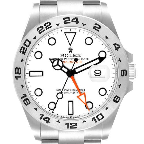 The image shows a front view of the Rolex Explorer II watch, highlighting the dial, bezel, and part of the bracelet.