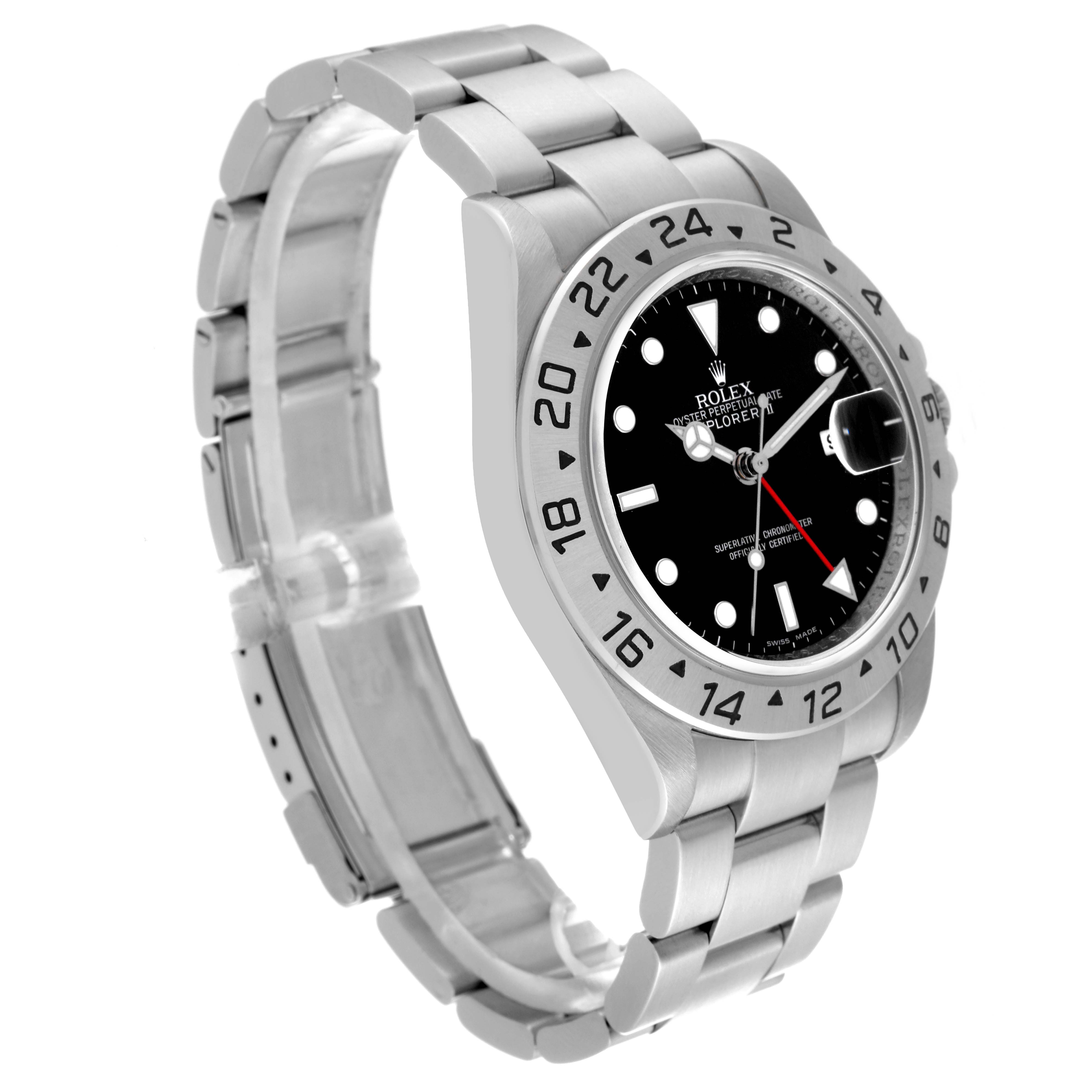 The Rolex Explorer 16570T Men's Stainless Steel Black Dial 16570T Men's Stainless Steel Black Dial model is shown at a side angle, displaying the bracelet, bezel, and watch face with clear markings and hands.