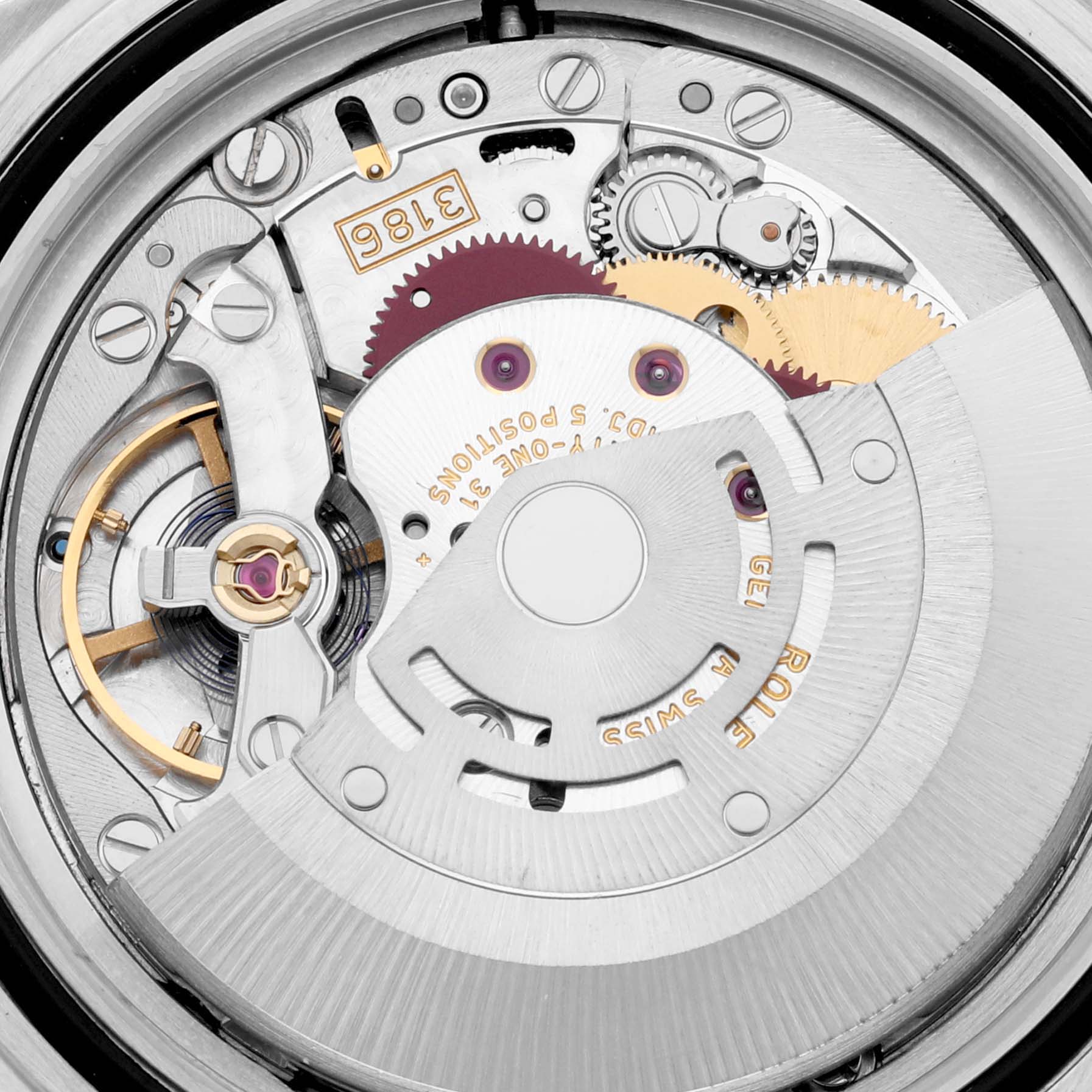 This image shows a detailed close-up of the internal movement mechanism of a Rolex Explorer 16570T Men's Stainless Steel Black Dial 16570T Men's Stainless Steel Black Dial watch.