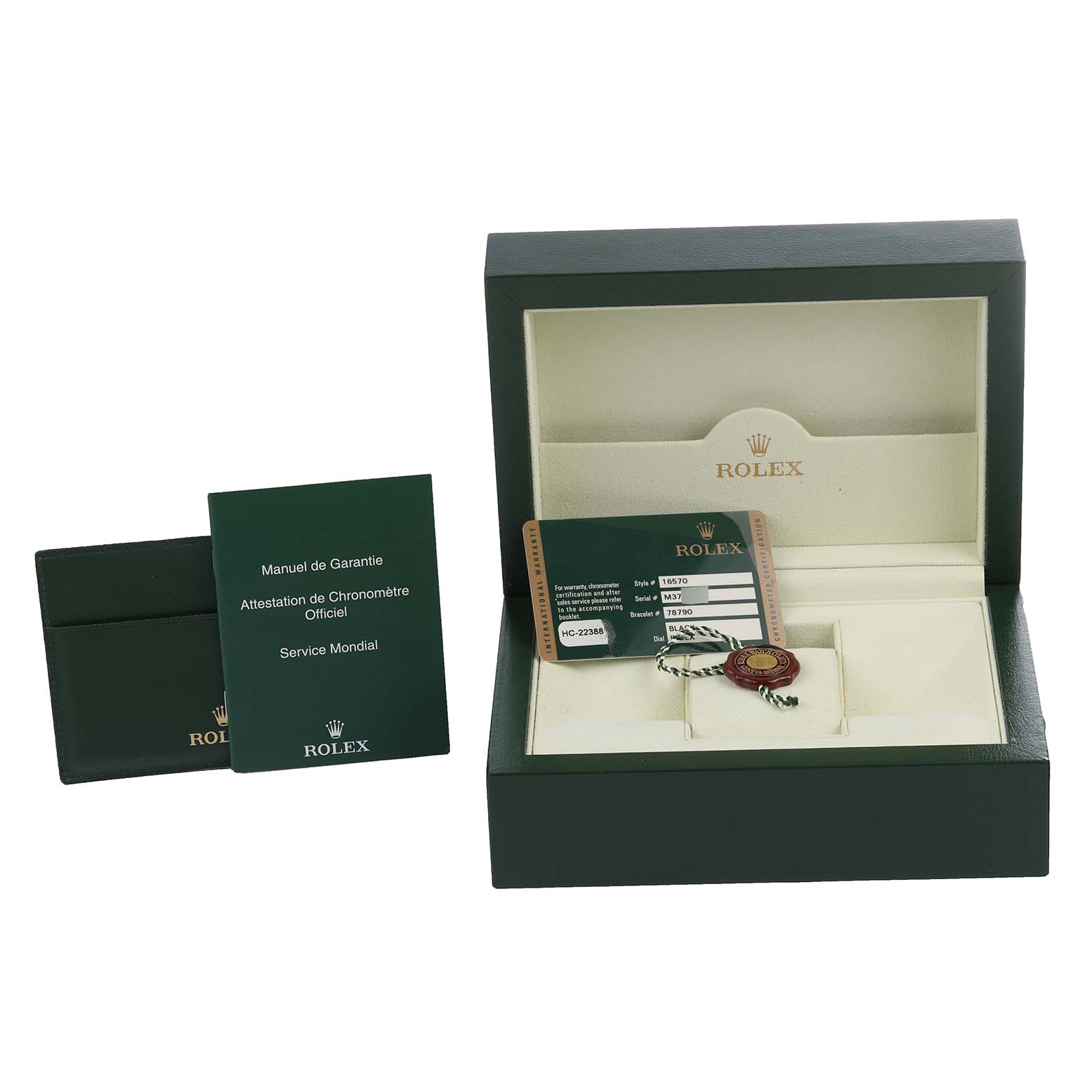 The image shows the packaging, manuals, and warranty card for a Rolex Explorer 16570T Men's Stainless Steel Black Dial 16570T Men's Stainless Steel Black Dial model watch.