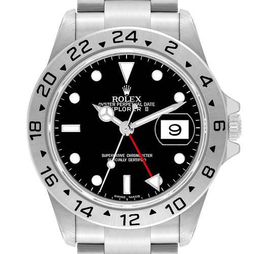 The Rolex Explorer II watch is shown from a straight-on angle, highlighting its bezel, dial, hands, and date window.