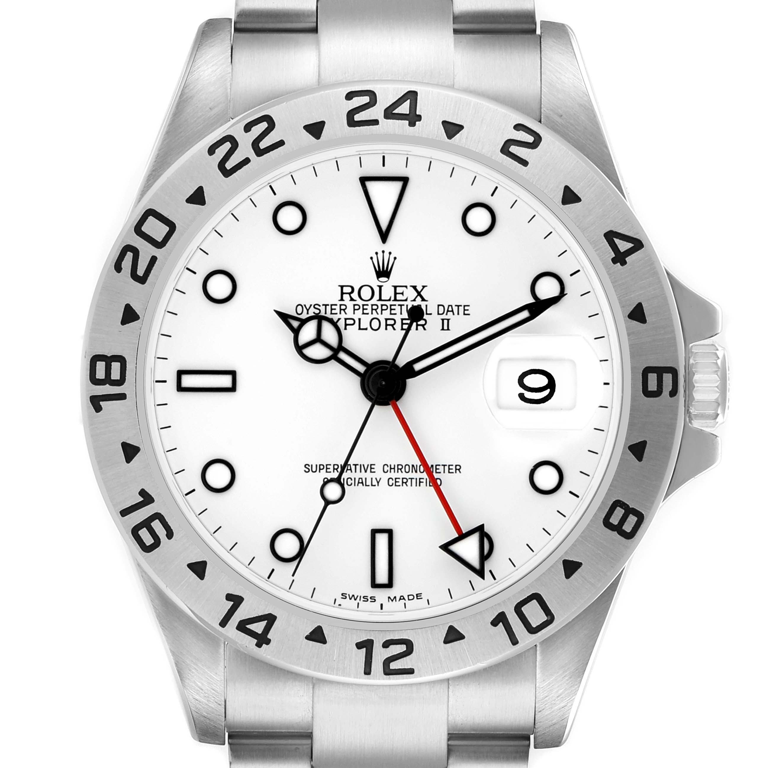 The Rolex Explorer 16570 Men
s Stainless Steel White Dial watch is shown from a front angle, displaying its dial, bezel, and part of the bracelet.