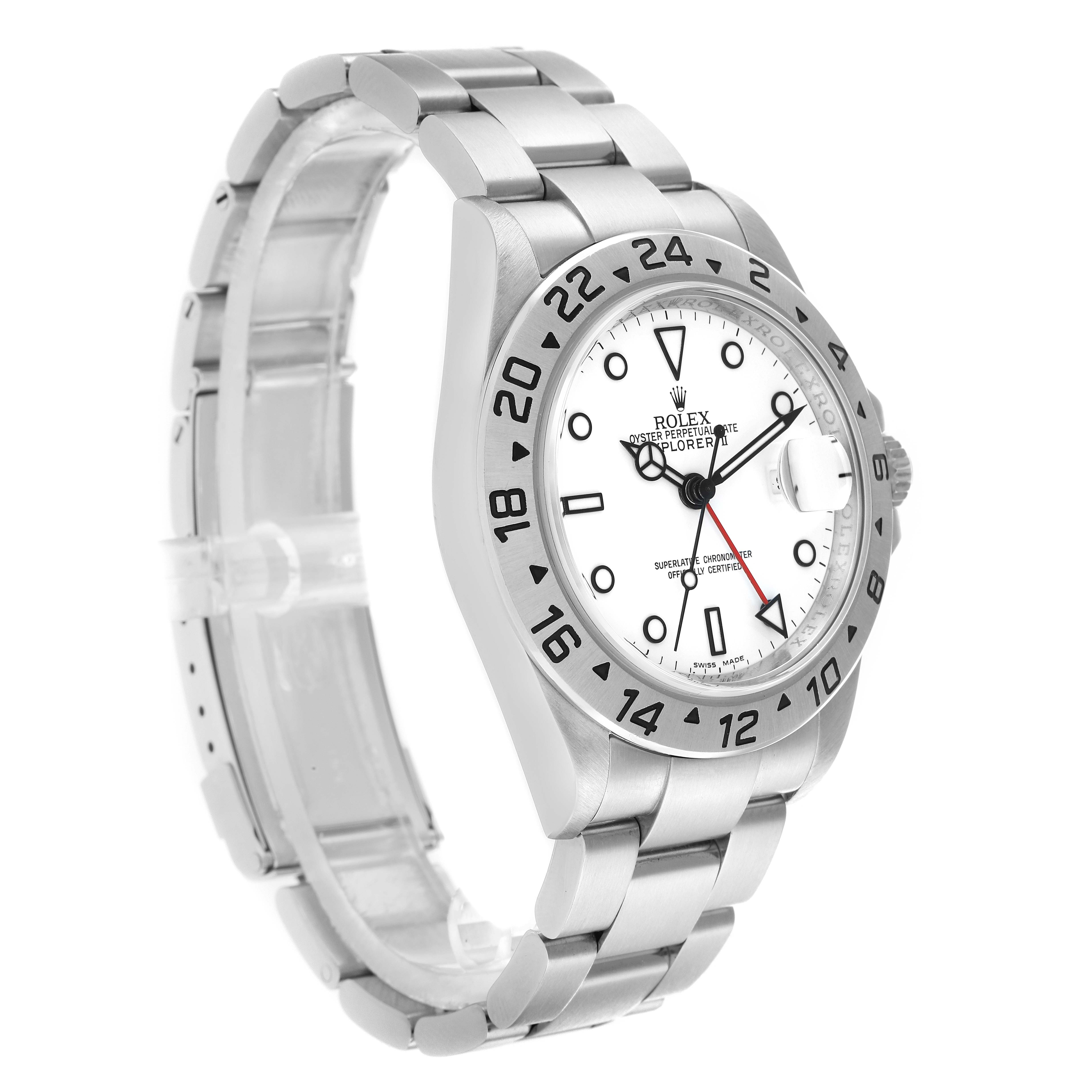 The Rolex Explorer 16570 Men
s Stainless Steel White Dial model is shown at a 3/4 angle displaying the face, bracelet, and bezel.