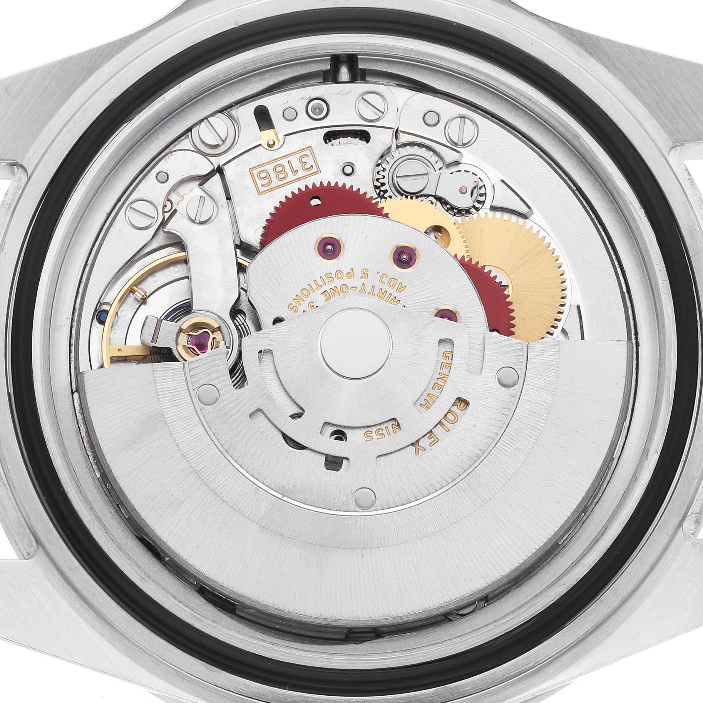 The image shows the movement of a Rolex Explorer 16570 Men
s Stainless Steel White Dial watch from a rear angle, highlighting gears and mechanical parts.