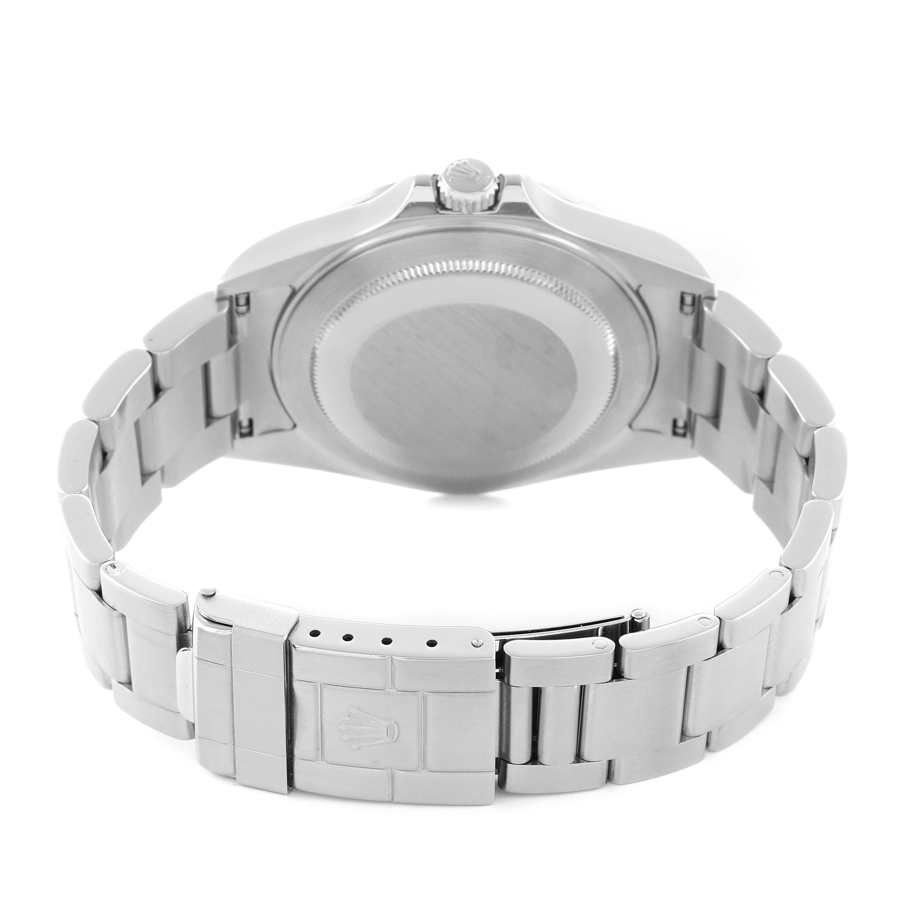 The image shows the back view of a Rolex Explorer 16570 Men
s Stainless Steel White Dial, highlighting the case back, bracelet, and clasp.