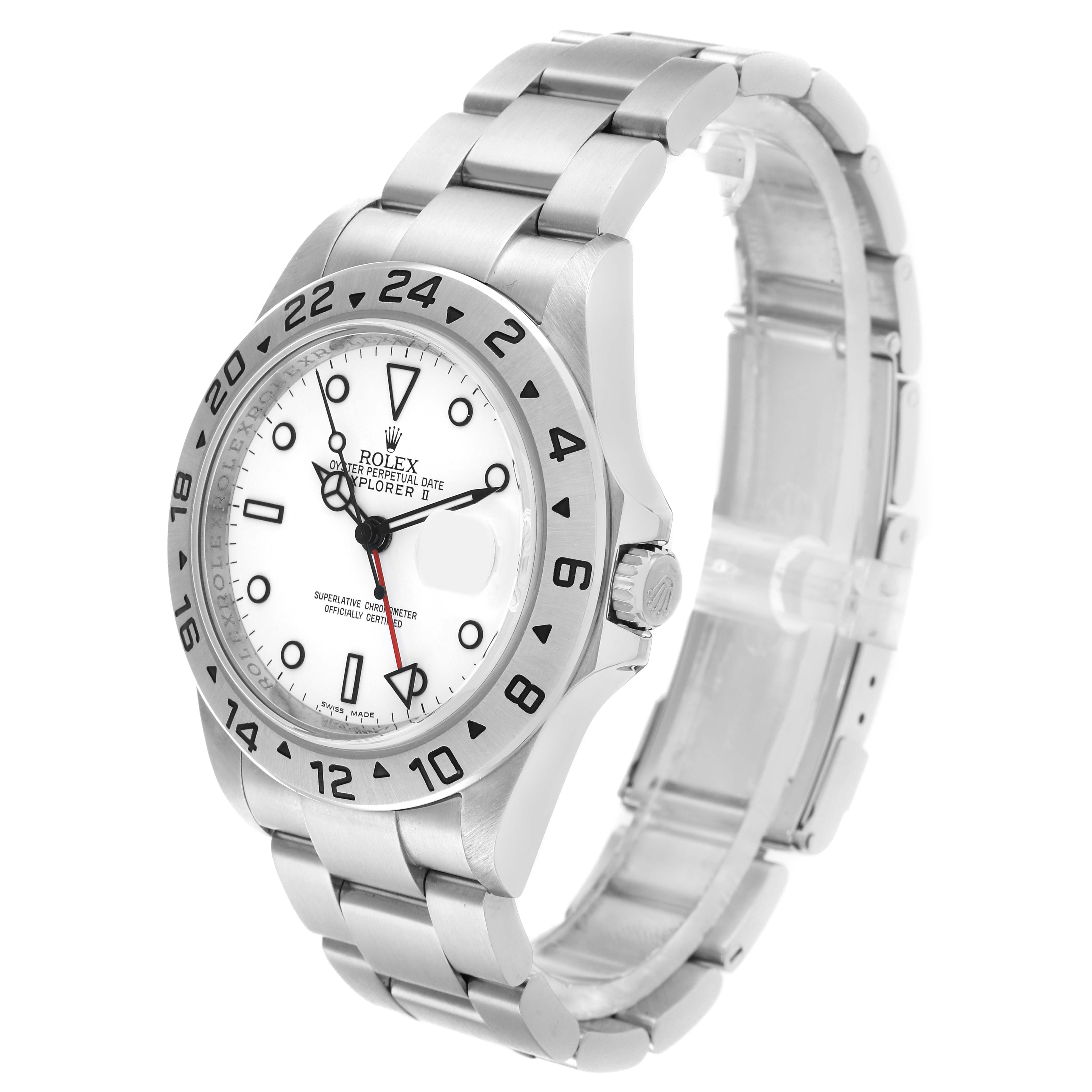 The image shows a Rolex Explorer 16570 Men
s Stainless Steel White Dial watch at a three-quarter angle, highlighting the face, bezel, and bracelet.