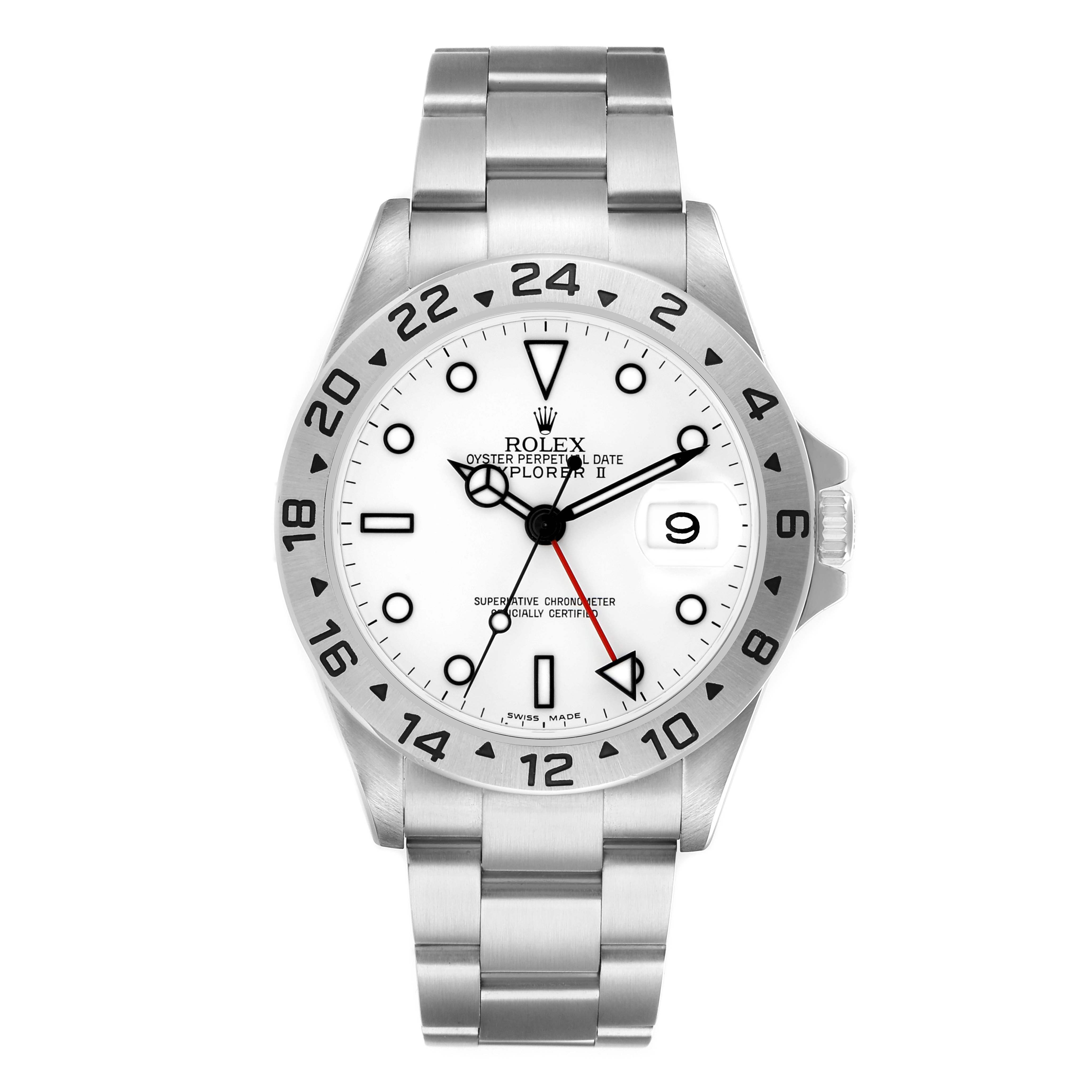 The Rolex Explorer 16570 Men
s Stainless Steel White Dial II watch is shown from the front, displaying its dial, bezel, case, bracelet, and crown.