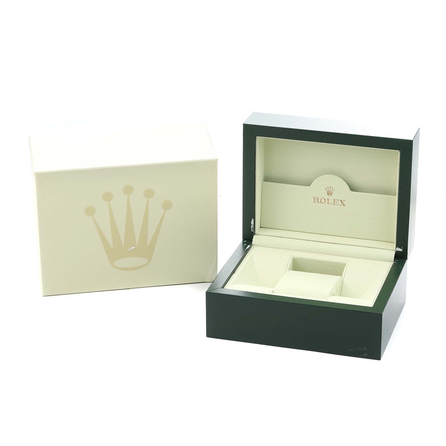 The image shows a Rolex Explorer 16570 Men
s Stainless Steel White Dial watch box and outer box, displayed at an angle that reveals the interior and branding.