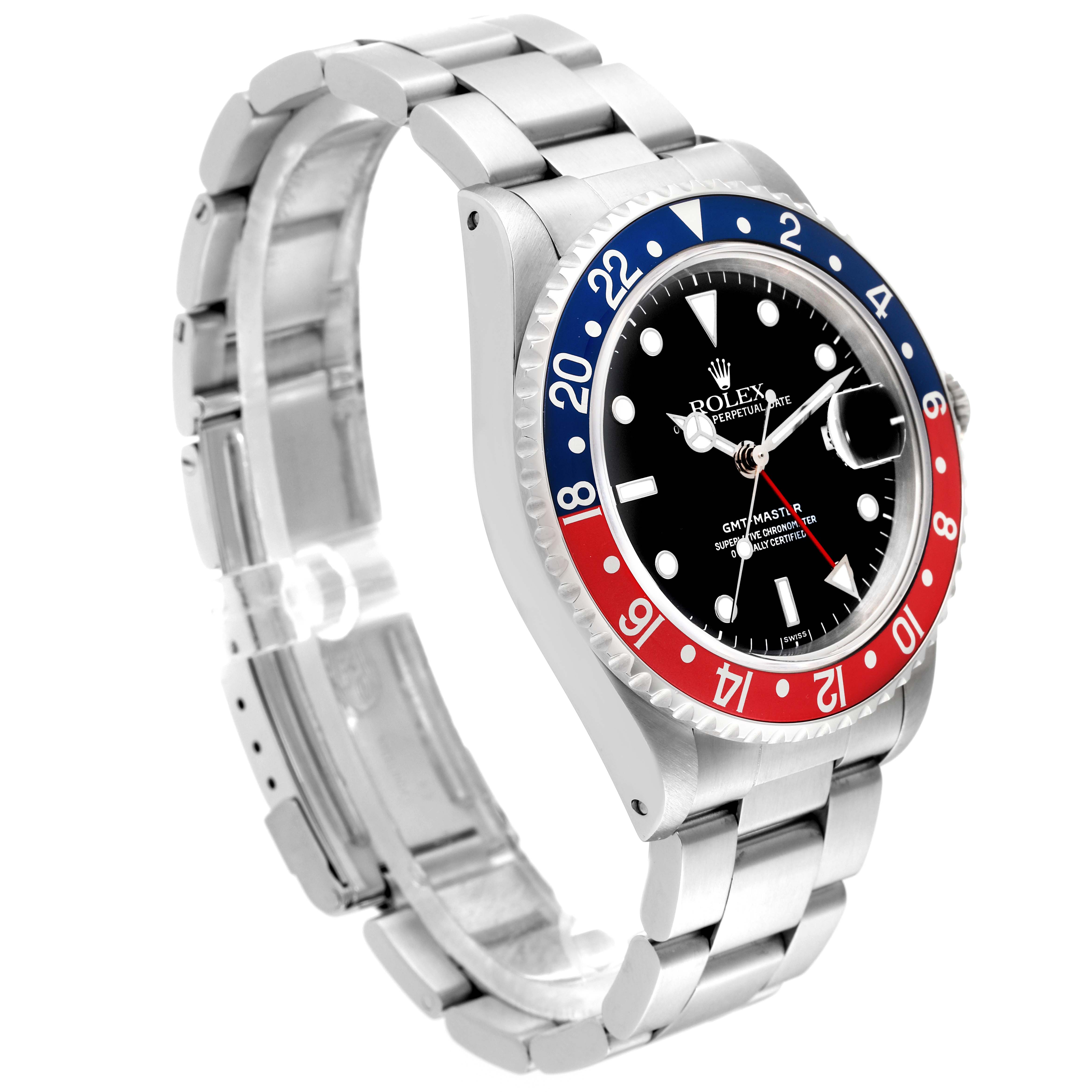 This Rolex GMT-Master 16700 Men's Stainless Steel Black Dial 16700 Men's Stainless Steel Black Dial watch is shown at a three-quarter angle, highlighting the face, bezel, and bracelet.