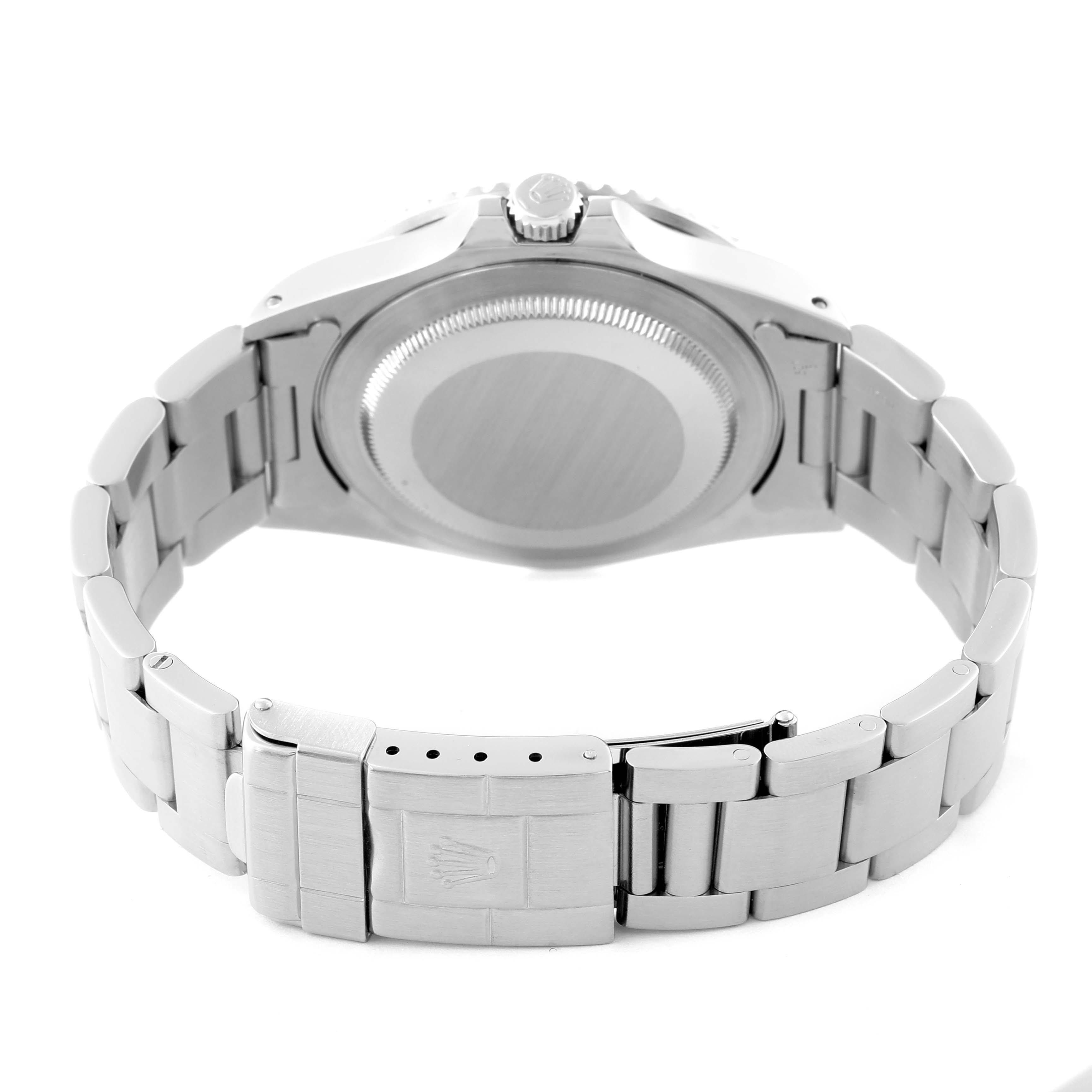 The image shows the back view of the Rolex GMT-Master 16700 Men's Stainless Steel Black Dial 16700 Men's Stainless Steel Black Dial watch, featuring its case back and bracelet, including the clasp.