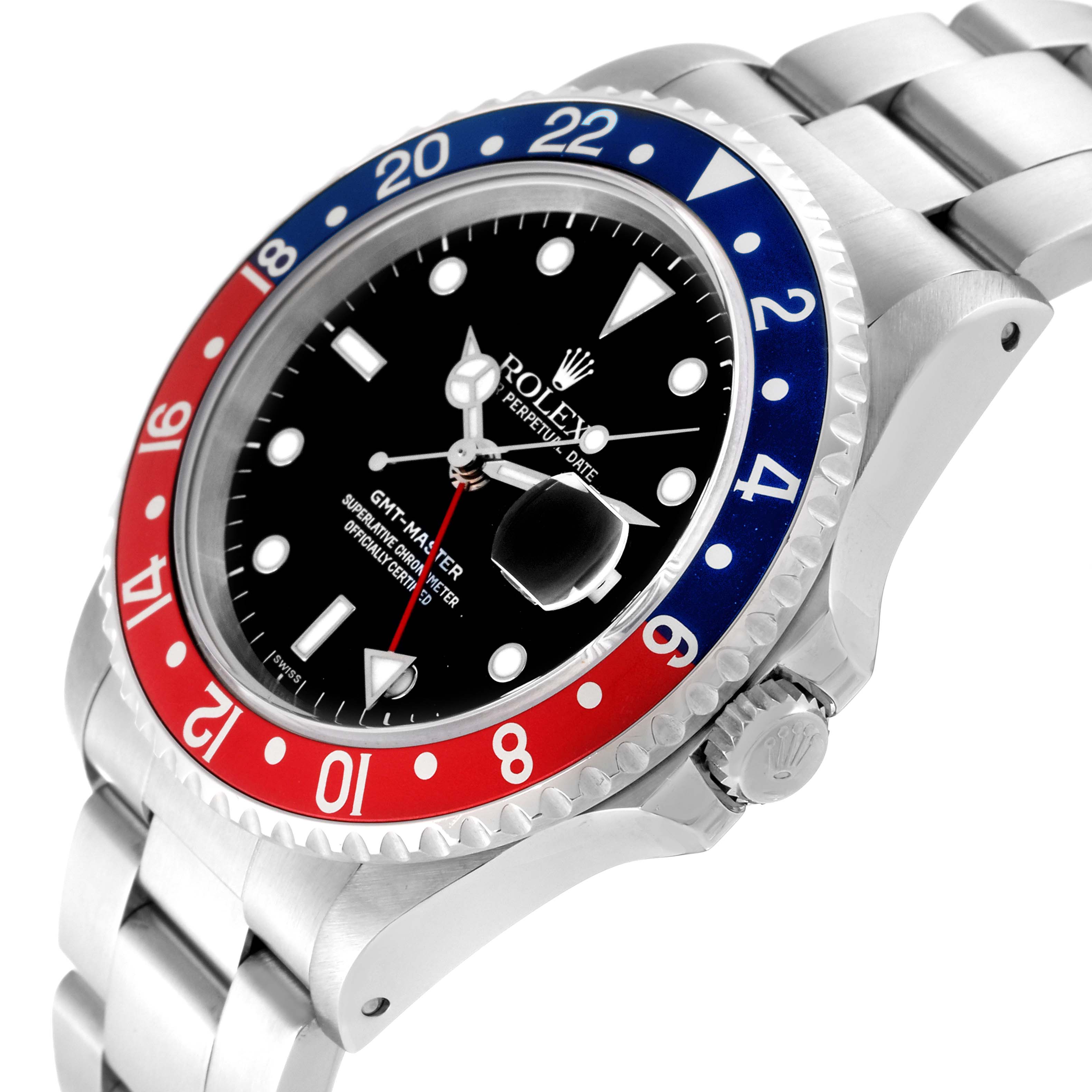 This image shows a Rolex GMT-Master 16700 Men's Stainless Steel Black Dial 16700 Men's Stainless Steel Black Dial watch at an angle highlighting the bezel, dial, and part of the bracelet.