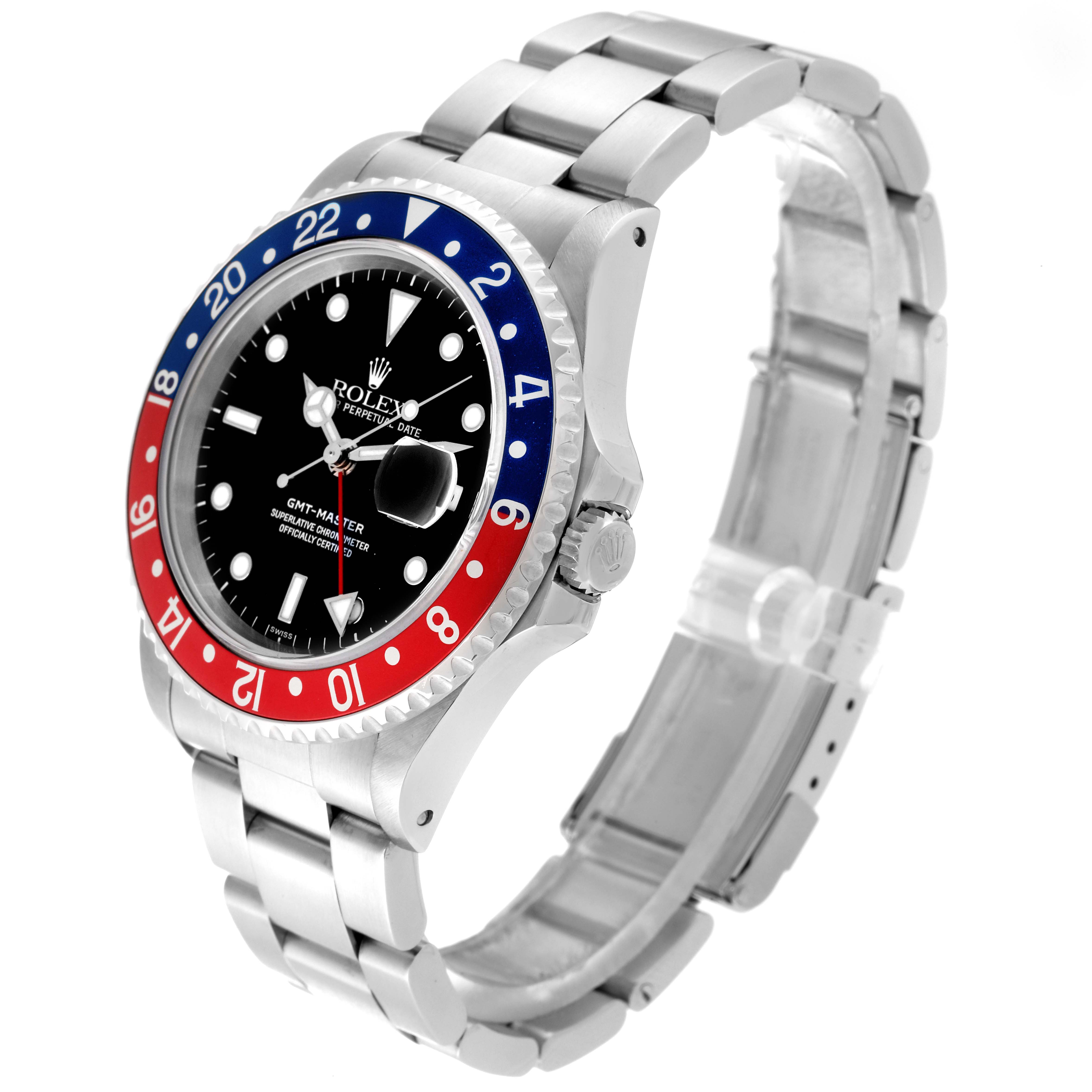 The image shows a side-angle view of a Rolex GMT-Master 16700 Men's Stainless Steel Black Dial 16700 Men's Stainless Steel Black Dial, displaying its bezel, dial, crown, and bracelet.