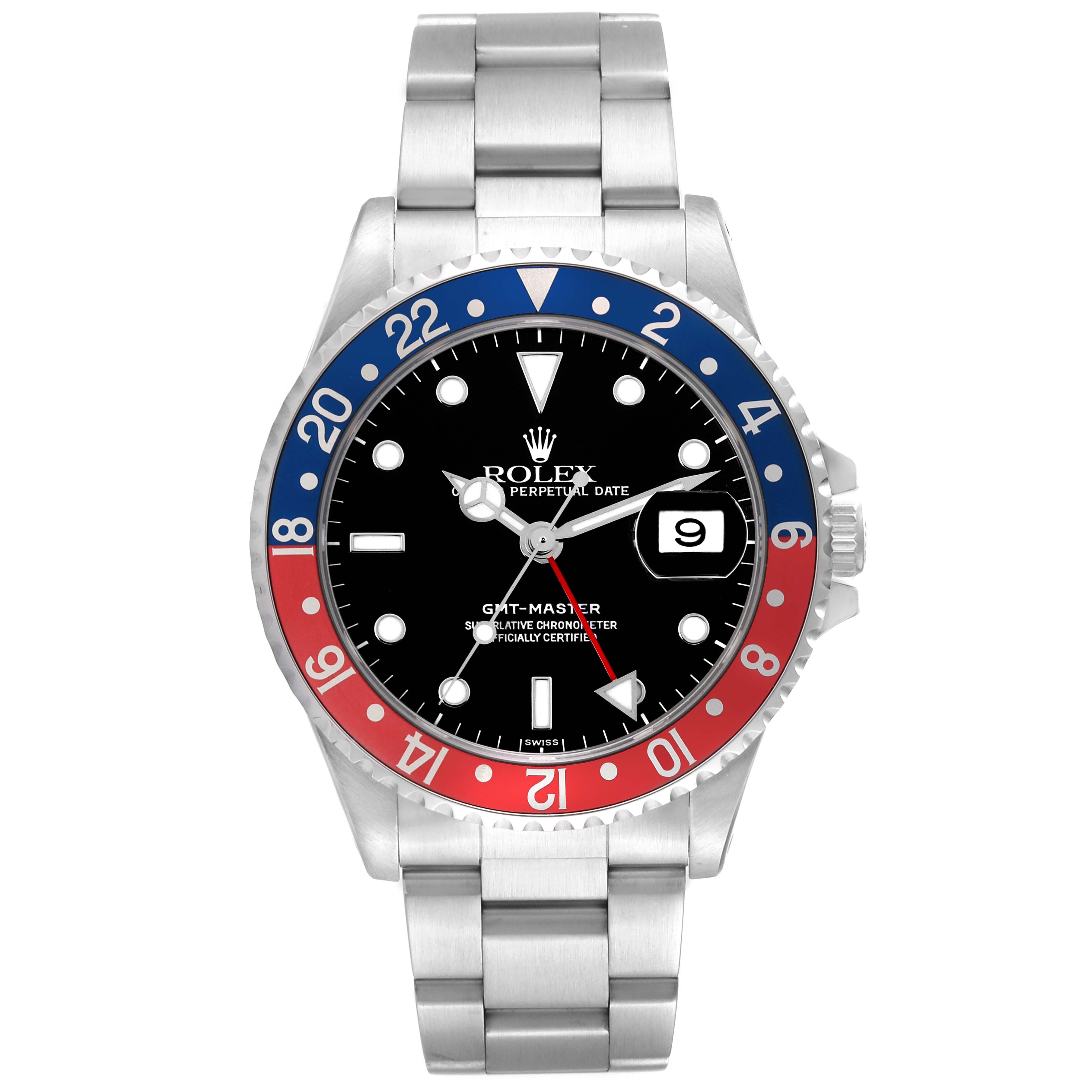 The image shows a front view of a Rolex GMT-Master 16700 Men's Stainless Steel Black Dial 16700 Men's Stainless Steel Black Dial watch with a "Pepsi" bezel and an Oyster bracelet.