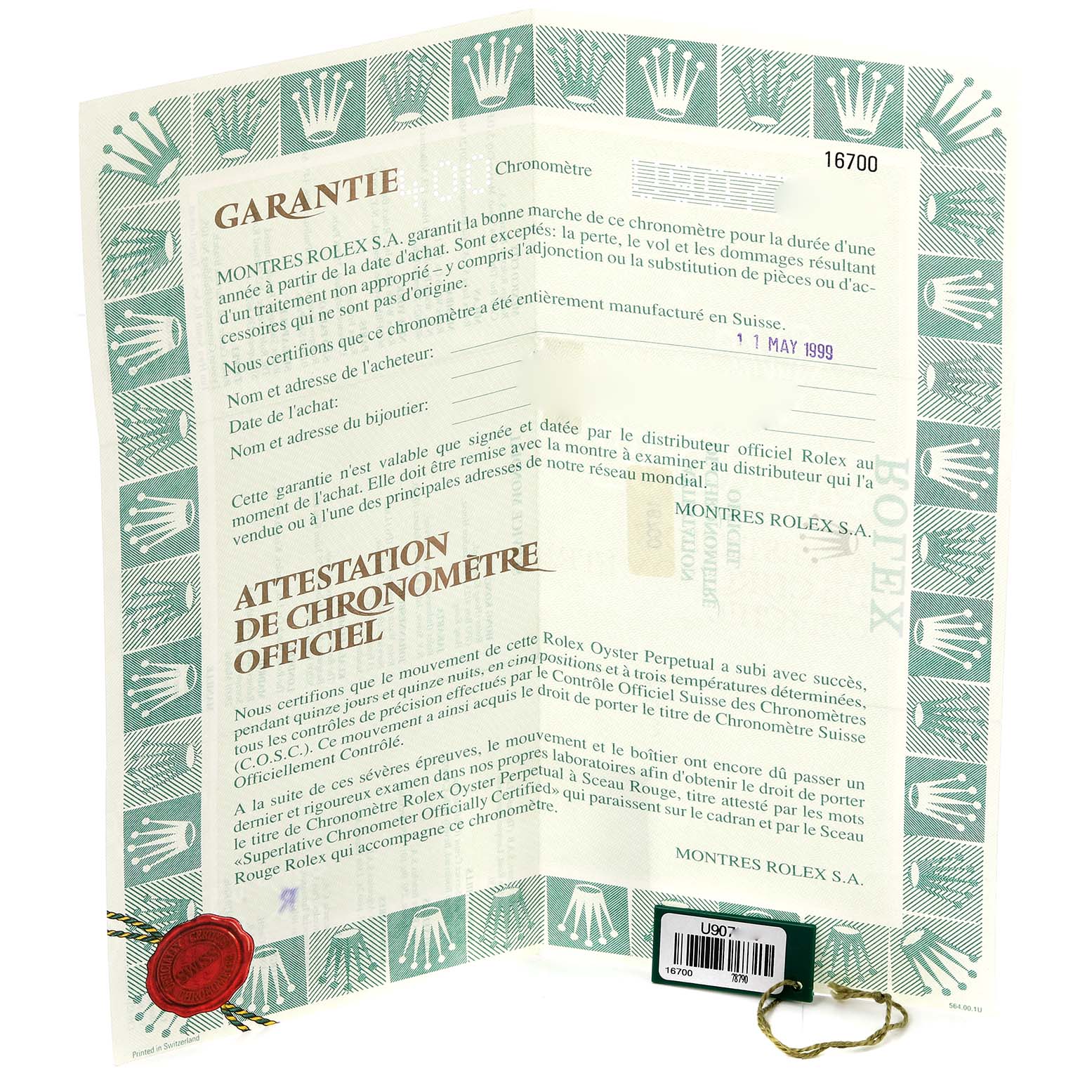 This image shows the warranty and chronometer certification papers for a Rolex GMT-Master 16700 Men's Stainless Steel Black Dial 16700 Men's Stainless Steel Black Dial model.