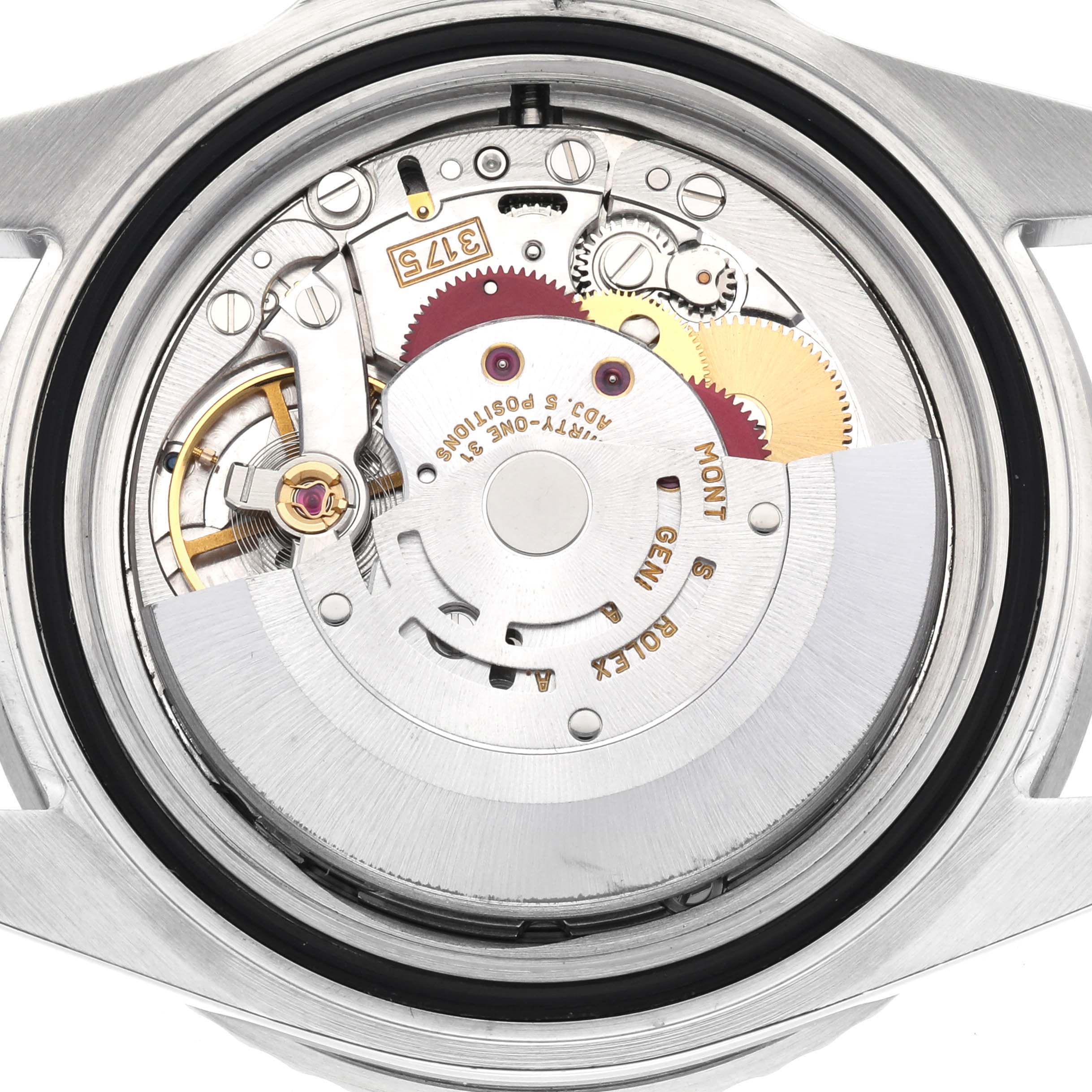 This is a close-up view of the movement inside a Rolex GMT-Master 16700 Men's Stainless Steel Black Dial 16700 Men's Stainless Steel Black Dial watch, showing the intricate gears and components.