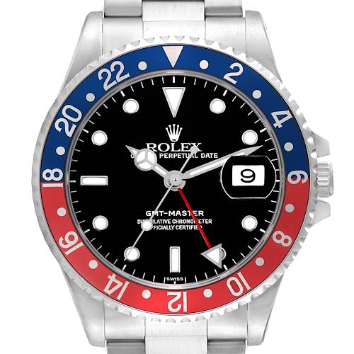 The image shows a Rolex GMT-Master watch face with a black dial, red and blue bezel, and a date window at the 3 o'clock position.