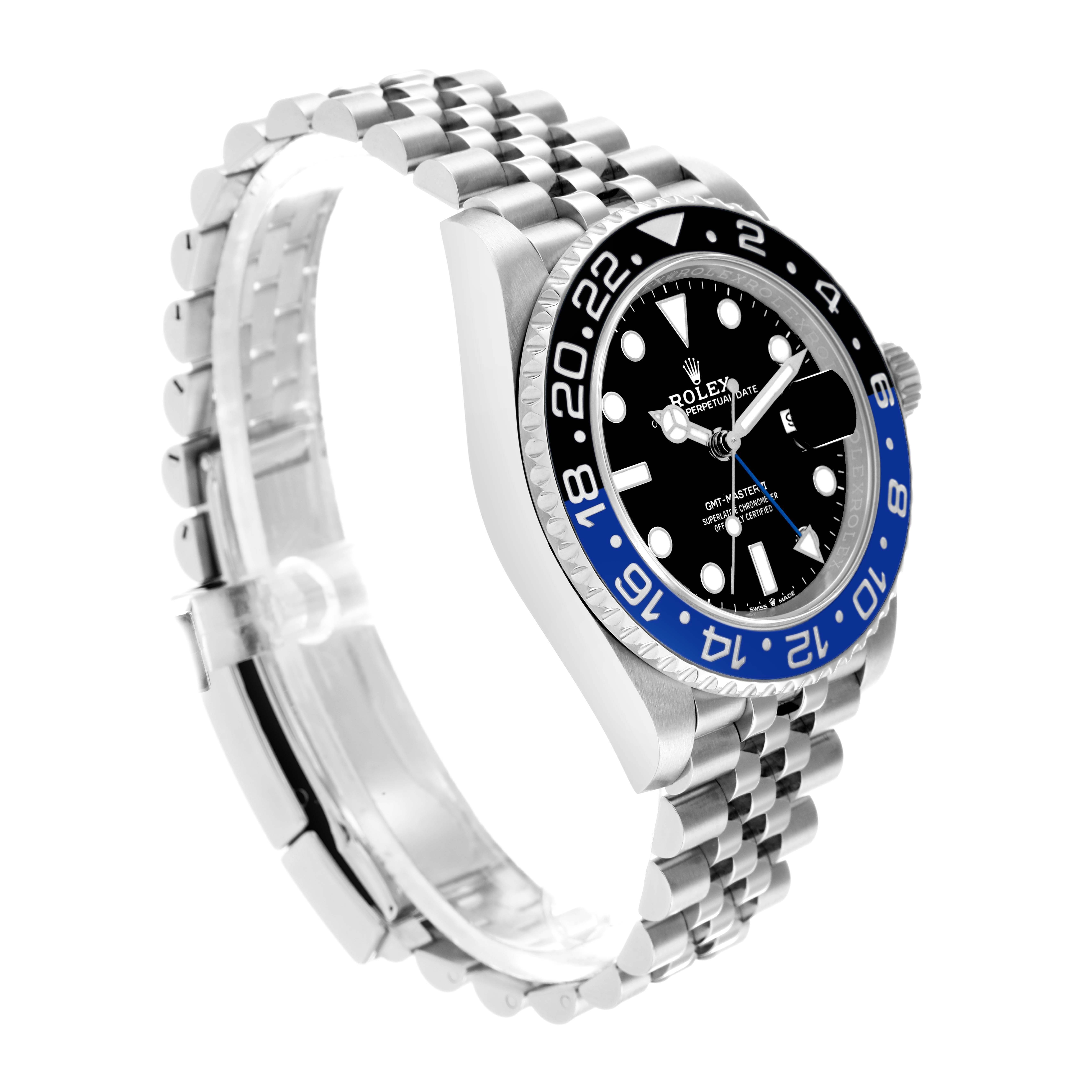 The Rolex GMT-Master 126710 Men
s Stainless Steel Black Dial watch is shown at an angled side view, displaying the bezel, dial, bracelet, and crown.