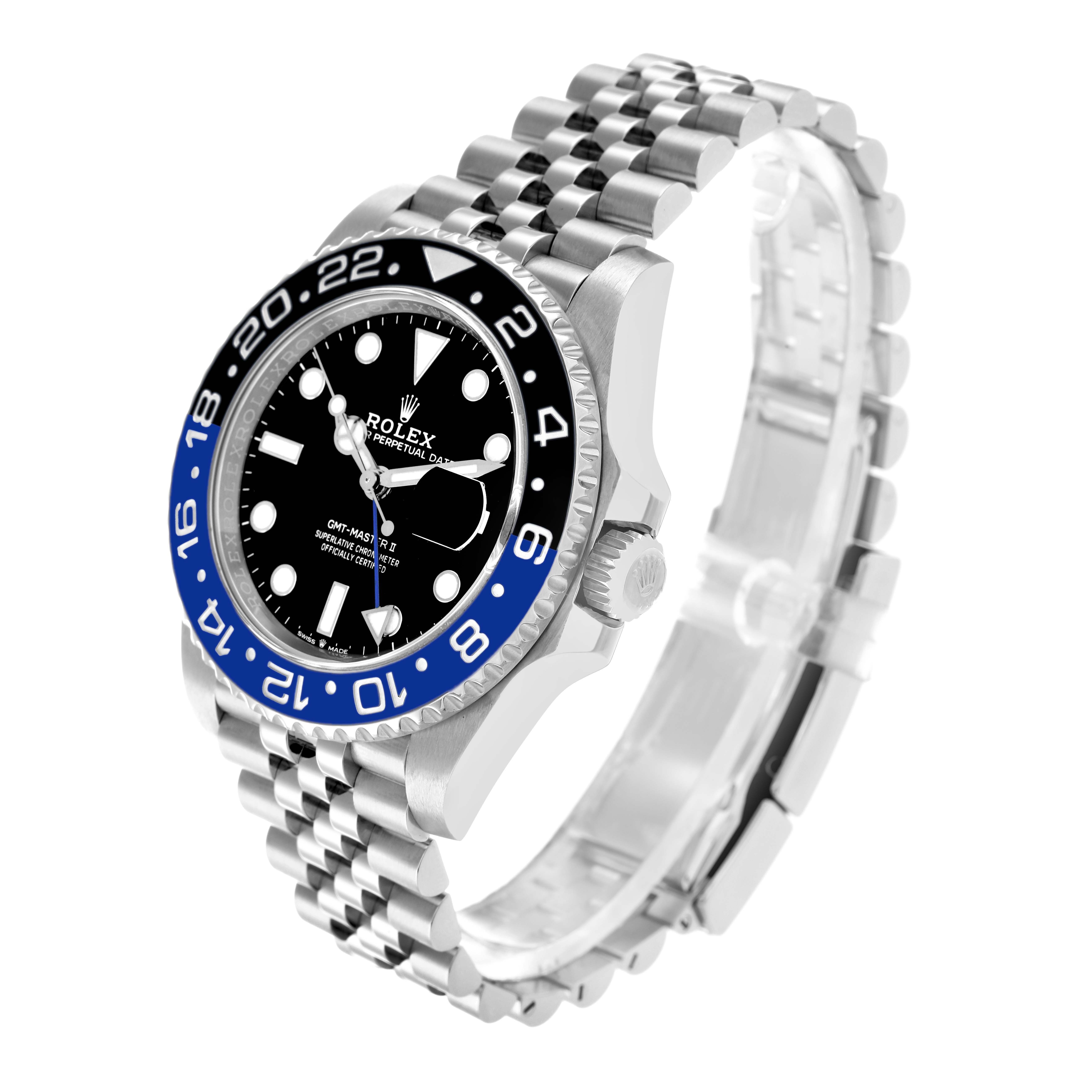 The Rolex GMT-Master 126710 Men
s Stainless Steel Black Dial watch is shown at a three-quarter angle, highlighting the bezel, dial, crown, and jubilee bracelet.
