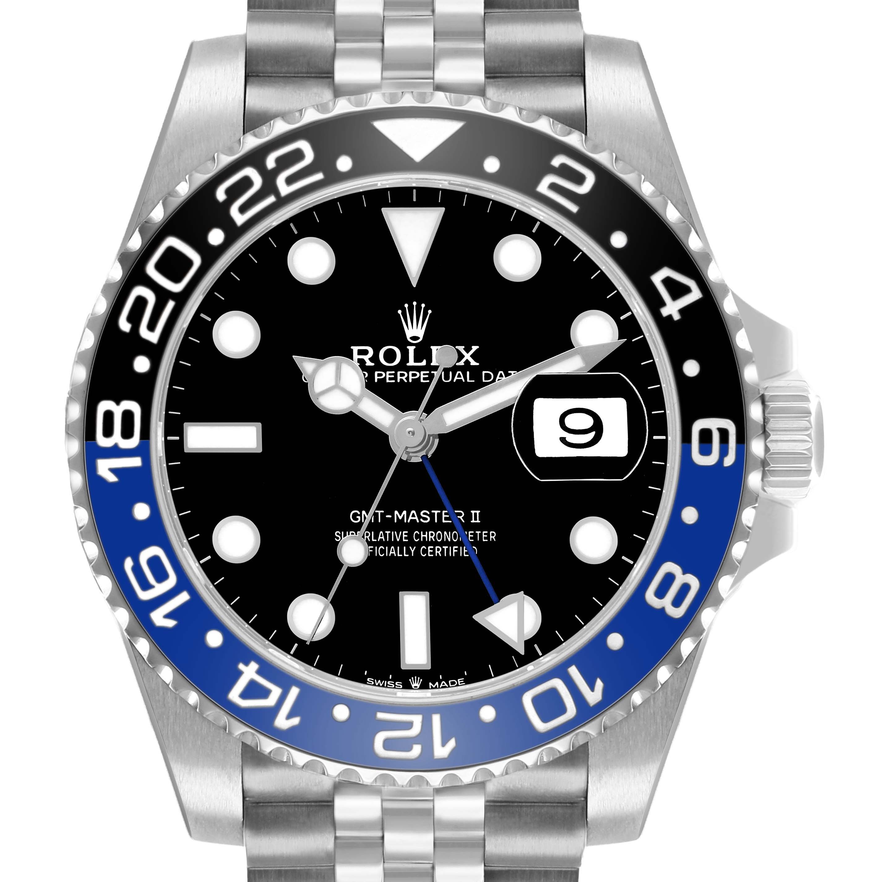 The image shows a Rolex GMT-Master 126710 Men
s Stainless Steel Black Dial II from a front angle, highlighting the bezel, face, date, and bracelet.