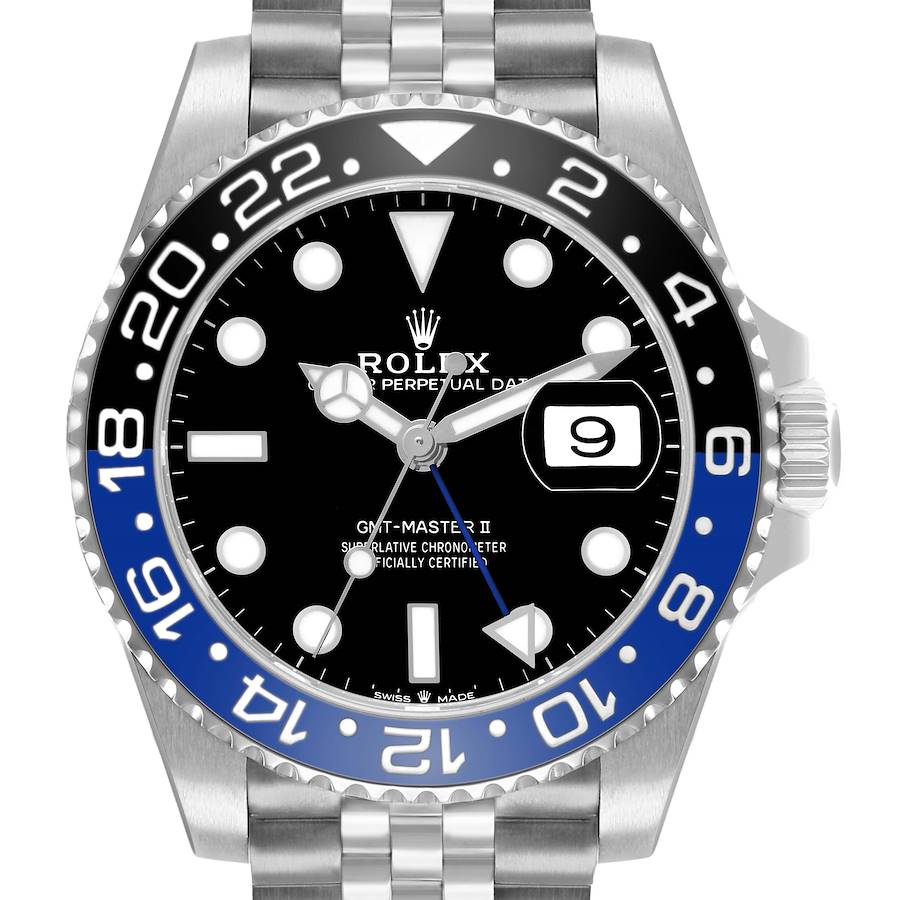 The image shows a Rolex GMT-Master 126710 Men's Stainless Steel Black Dial II from a front angle, highlighting the bezel, face, date, and bracelet.