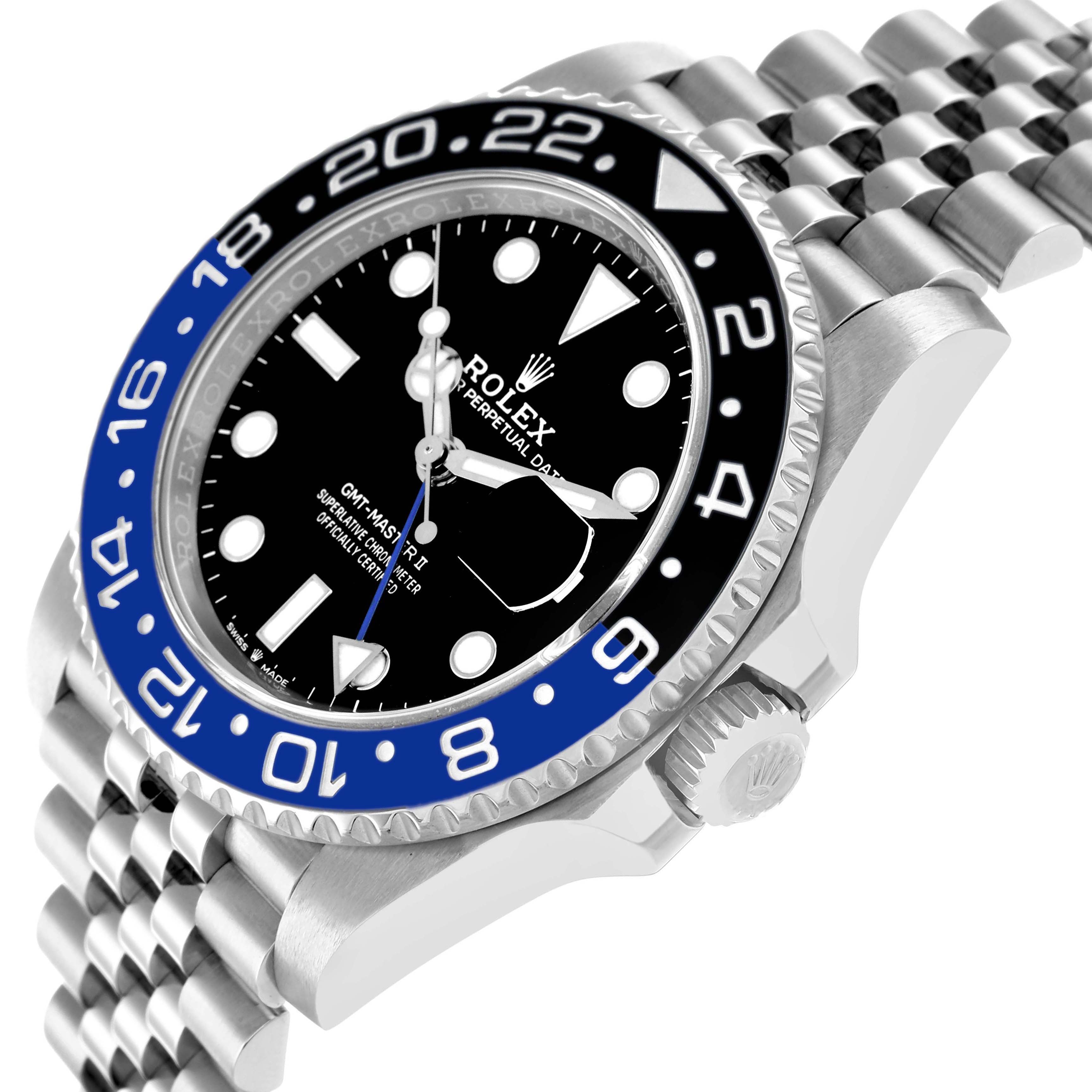 The Rolex GMT-Master 126710 Men
s Stainless Steel Black Dial watch is shown at an angled view, highlighting its bezel, dial, crown, and part of the bracelet.