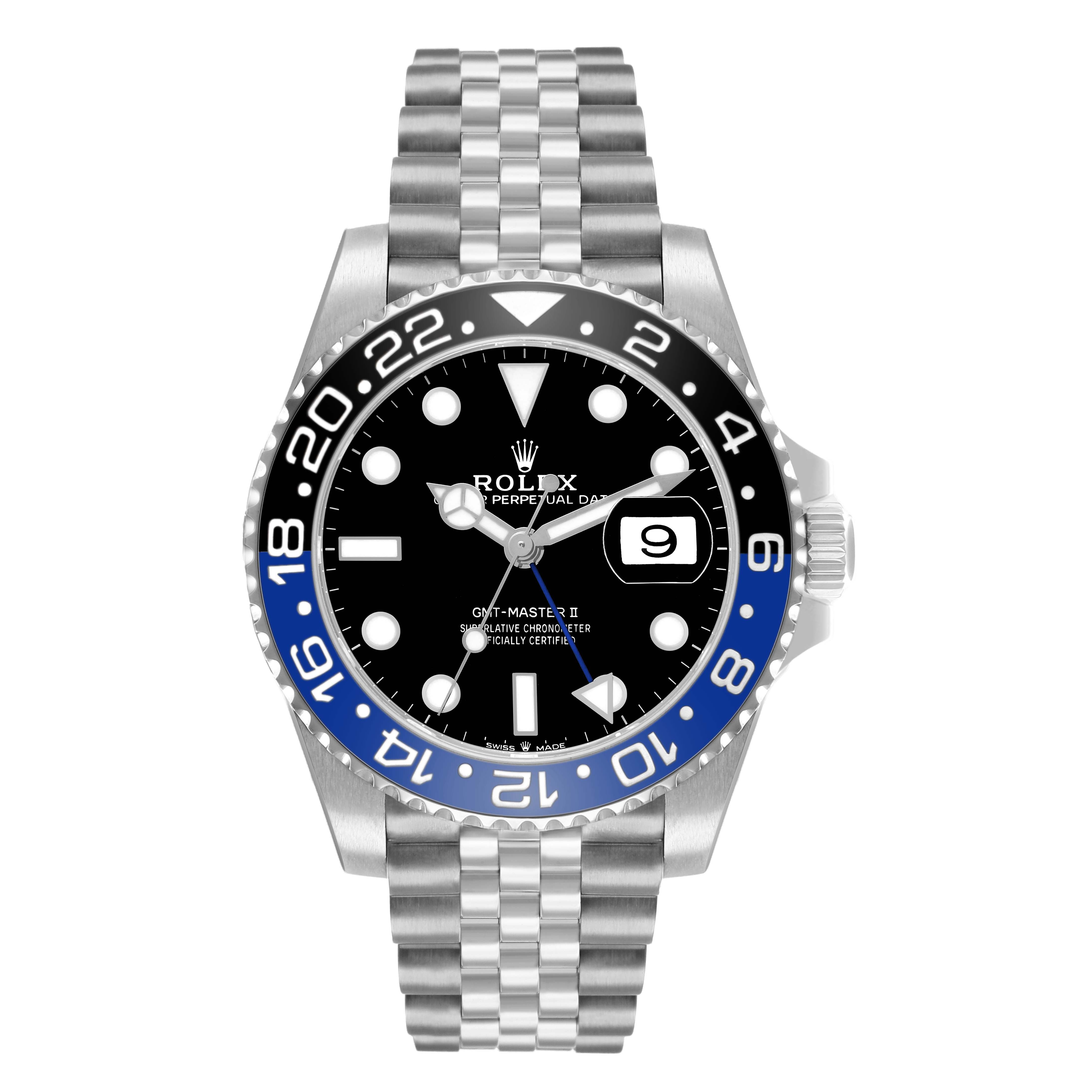 The Rolex GMT-Master 126710 Men
s Stainless Steel Black Dial watch is shown from a front angle, displaying the dial, bezel, and bracelet.