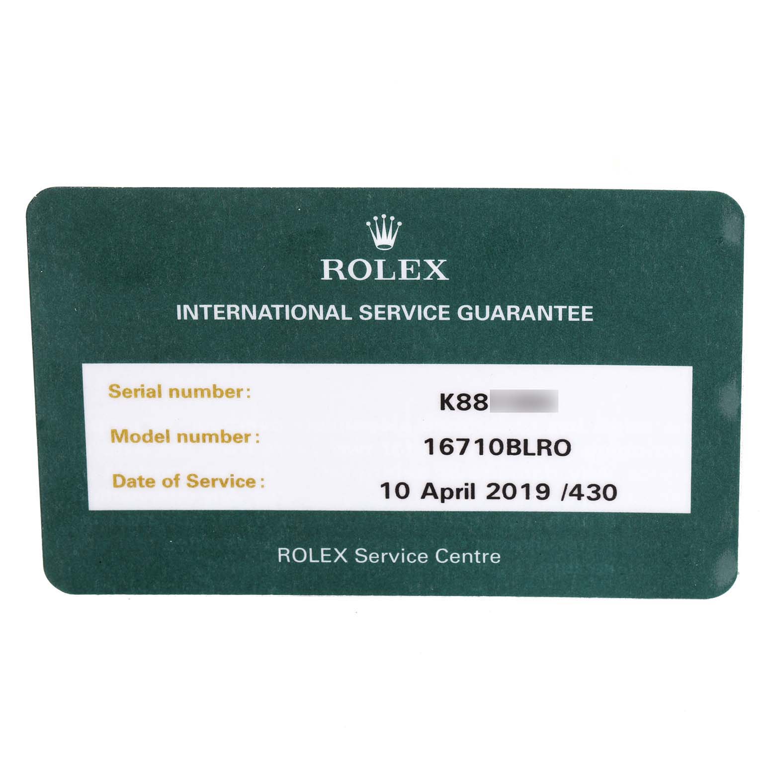 This image shows the International Service Guarantee card for a Rolex GMT-Master 16710 Men
s Stainless Steel Black Dial 16710 Men
s Stainless Steel Black Dial model 16710BLRO.