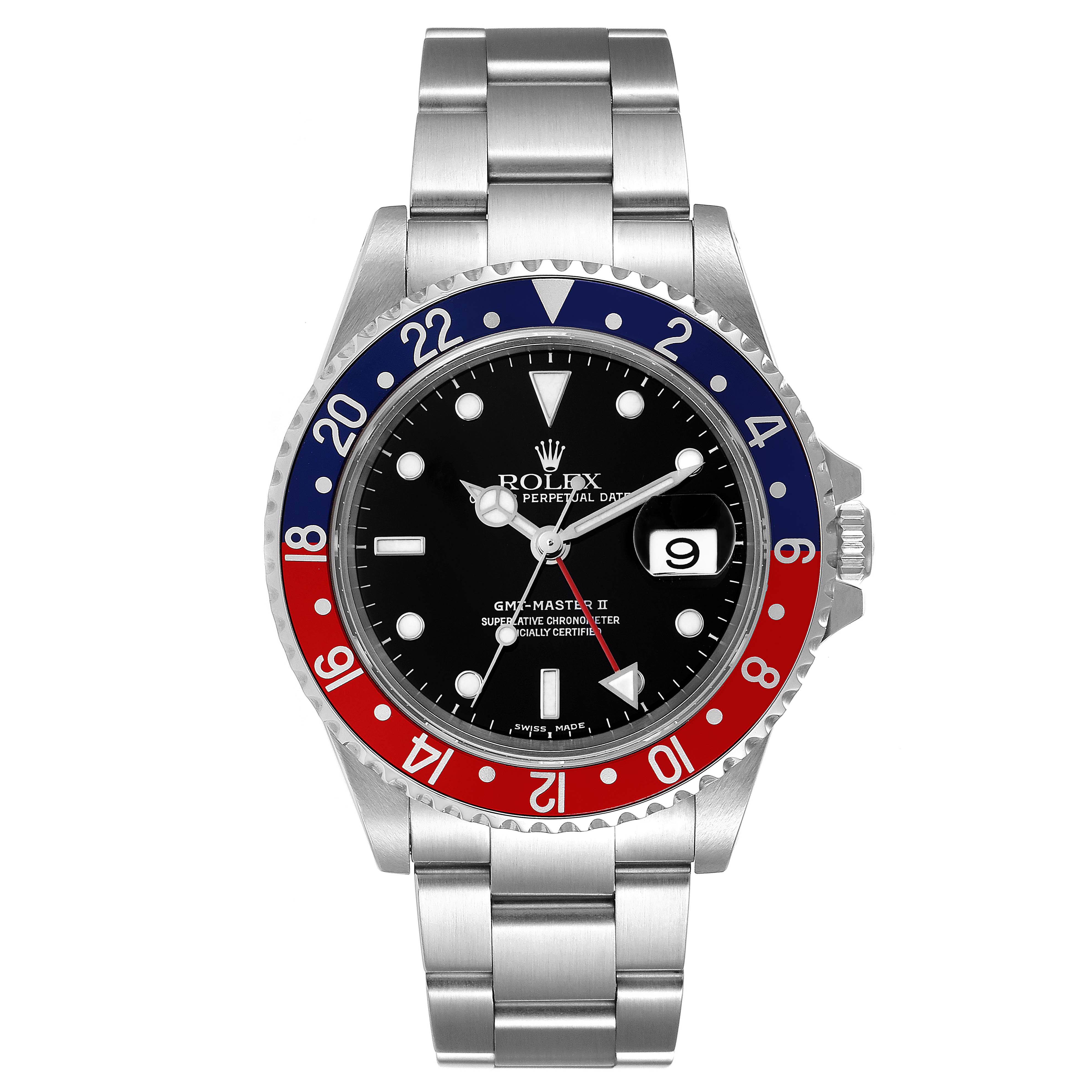 The image shows a front view of the Rolex GMT-Master 16710 Men
s Stainless Steel Black Dial 16710 Men
s Stainless Steel Black Dial II watch, featuring its bezel, bracelet, and dial.