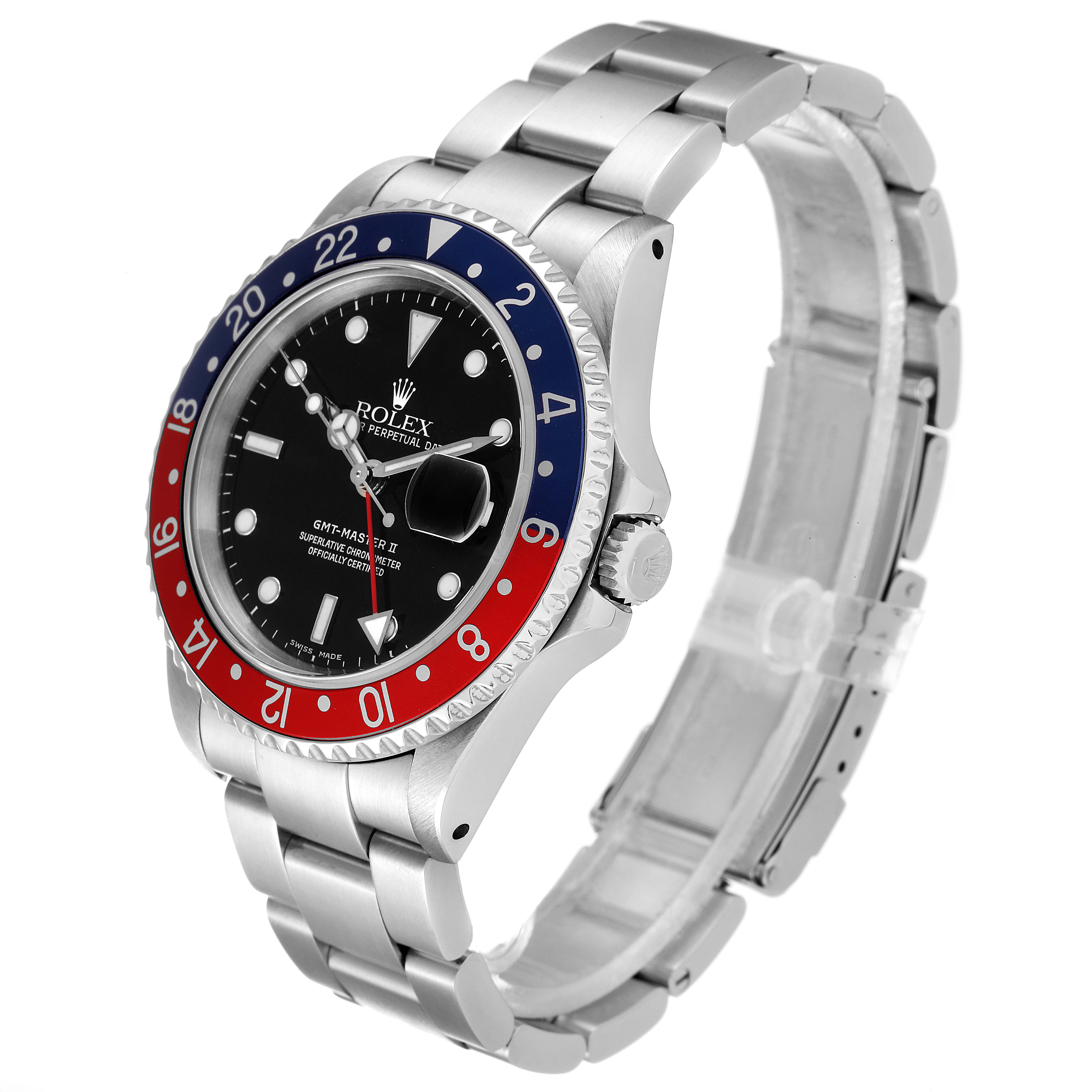 The Rolex GMT-Master 16710 Men
s Stainless Steel Black Dial 16710 Men
s Stainless Steel Black Dial watch is shown at a three-quarter angle, highlighting the bracelet, bezel, and dial.