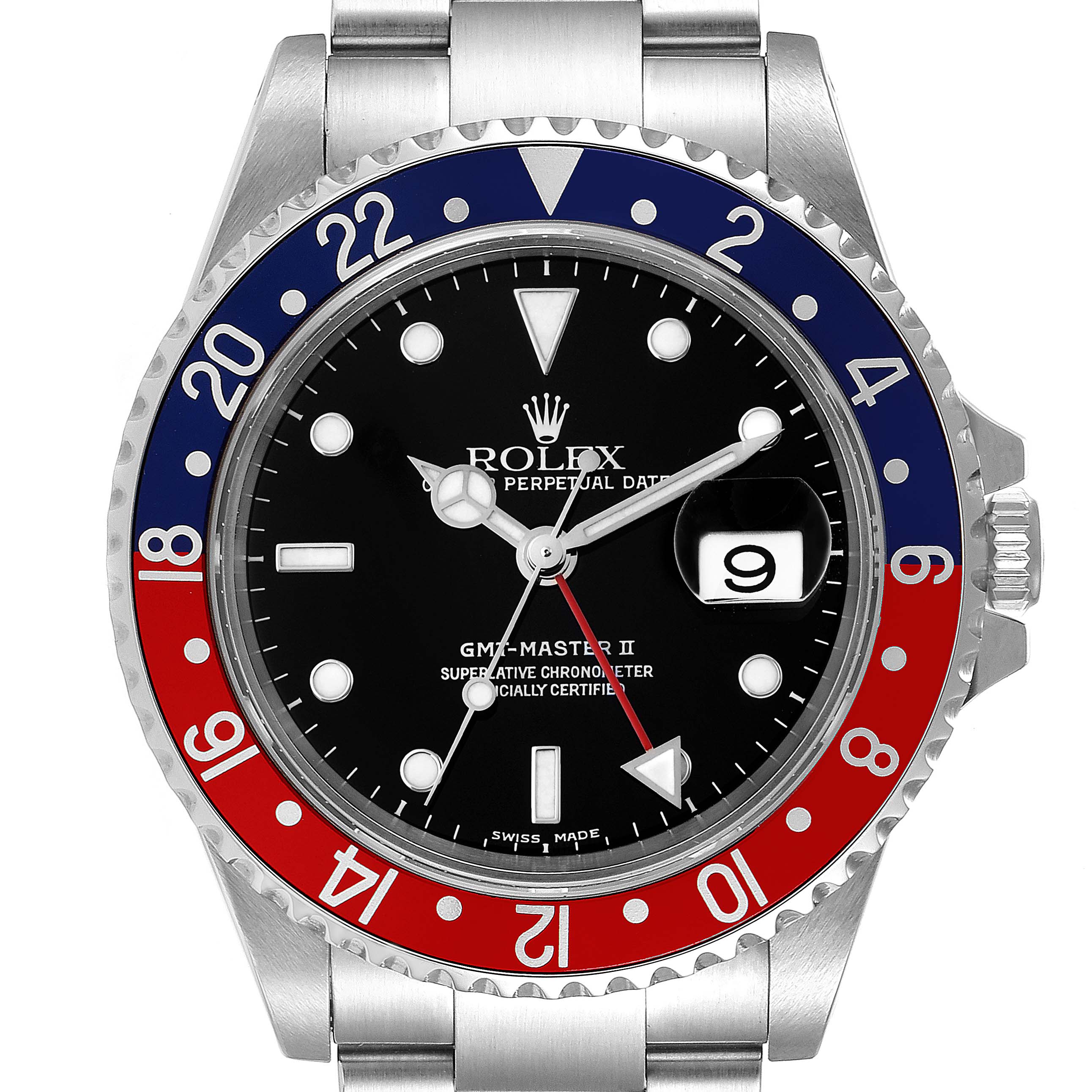The image shows a front view of a Rolex GMT-Master 16710 Men
s Stainless Steel Black Dial 16710 Men
s Stainless Steel Black Dial II watch, highlighting the bezel, dial, hands, and bracelet.