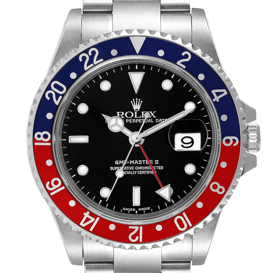 Rolex GMT Master II Pepsi Red and Blue Bezel Steel Watch 16710 Box Service Card SwissWatchExpo