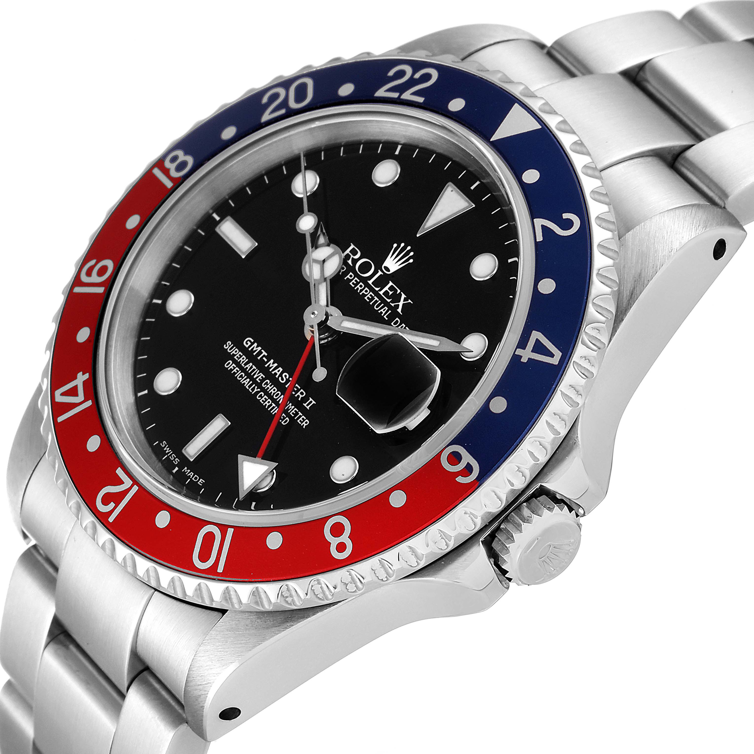 The image shows a Rolex GMT-Master 16710 Men
s Stainless Steel Black Dial 16710 Men
s Stainless Steel Black Dial II watch at an angle highlighting the bezel, crown, bracelet, and part of the dial.