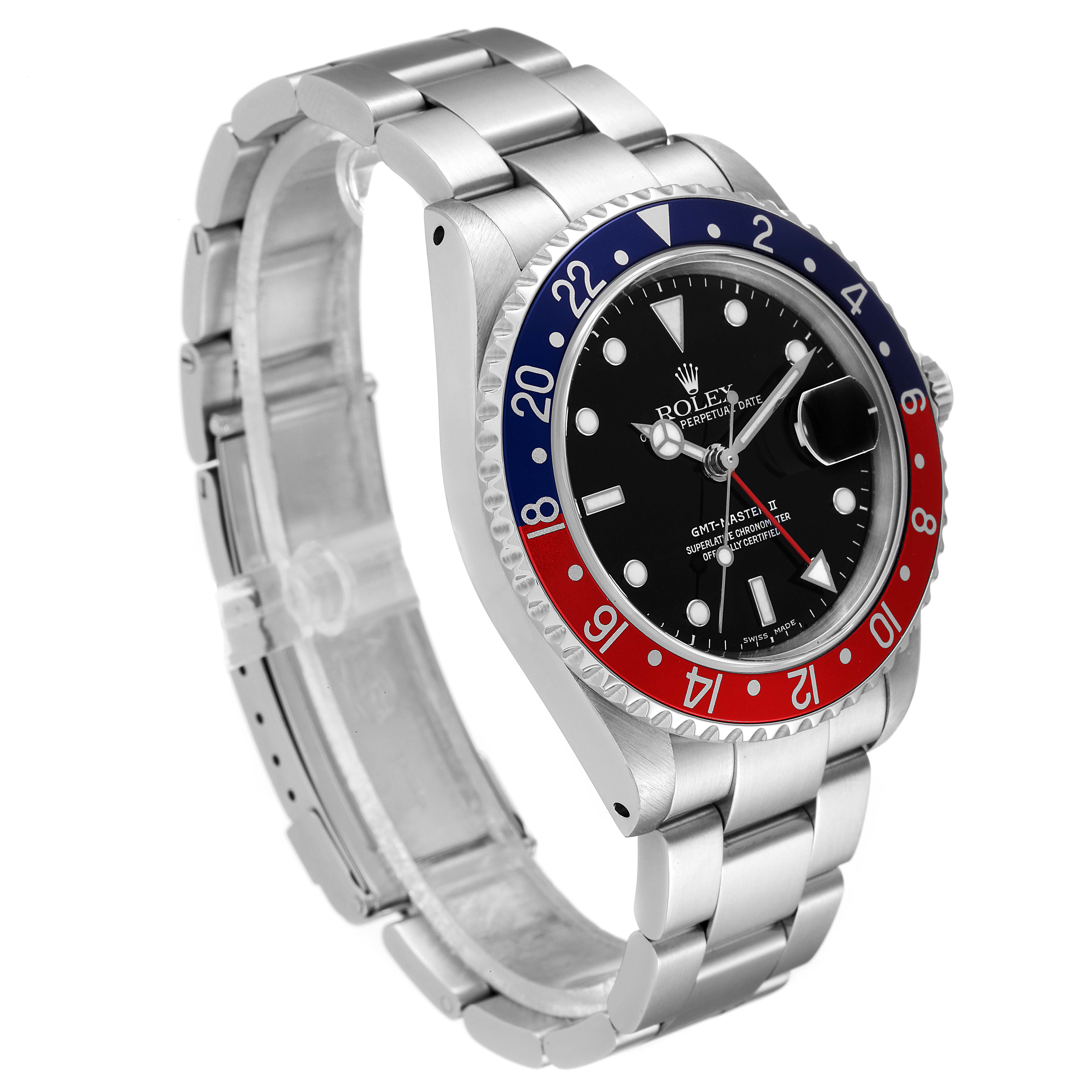 The image shows a Rolex GMT-Master 16710 Men
s Stainless Steel Black Dial 16710 Men
s Stainless Steel Black Dial watch angled to display its dial, bezel, and bracelet.
