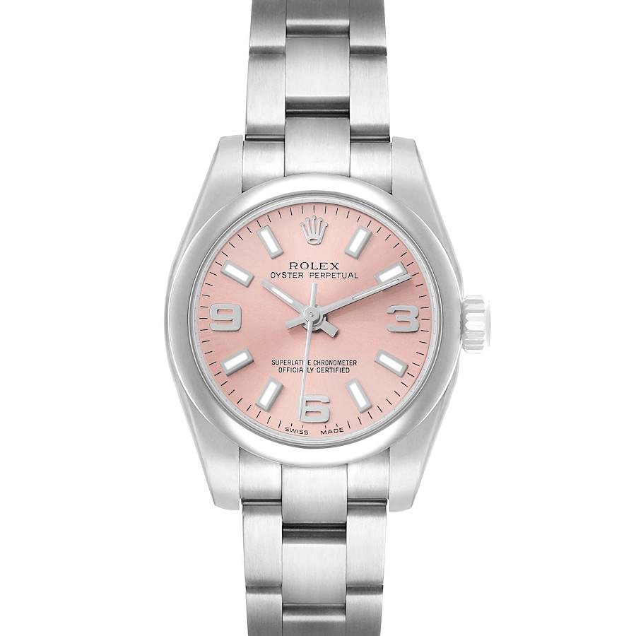 The Rolex Oyster Perpetual 176200 Women's Stainless Steel Pink Dial watch is shown from a frontal angle, highlighting the dial, case, and bracelet.