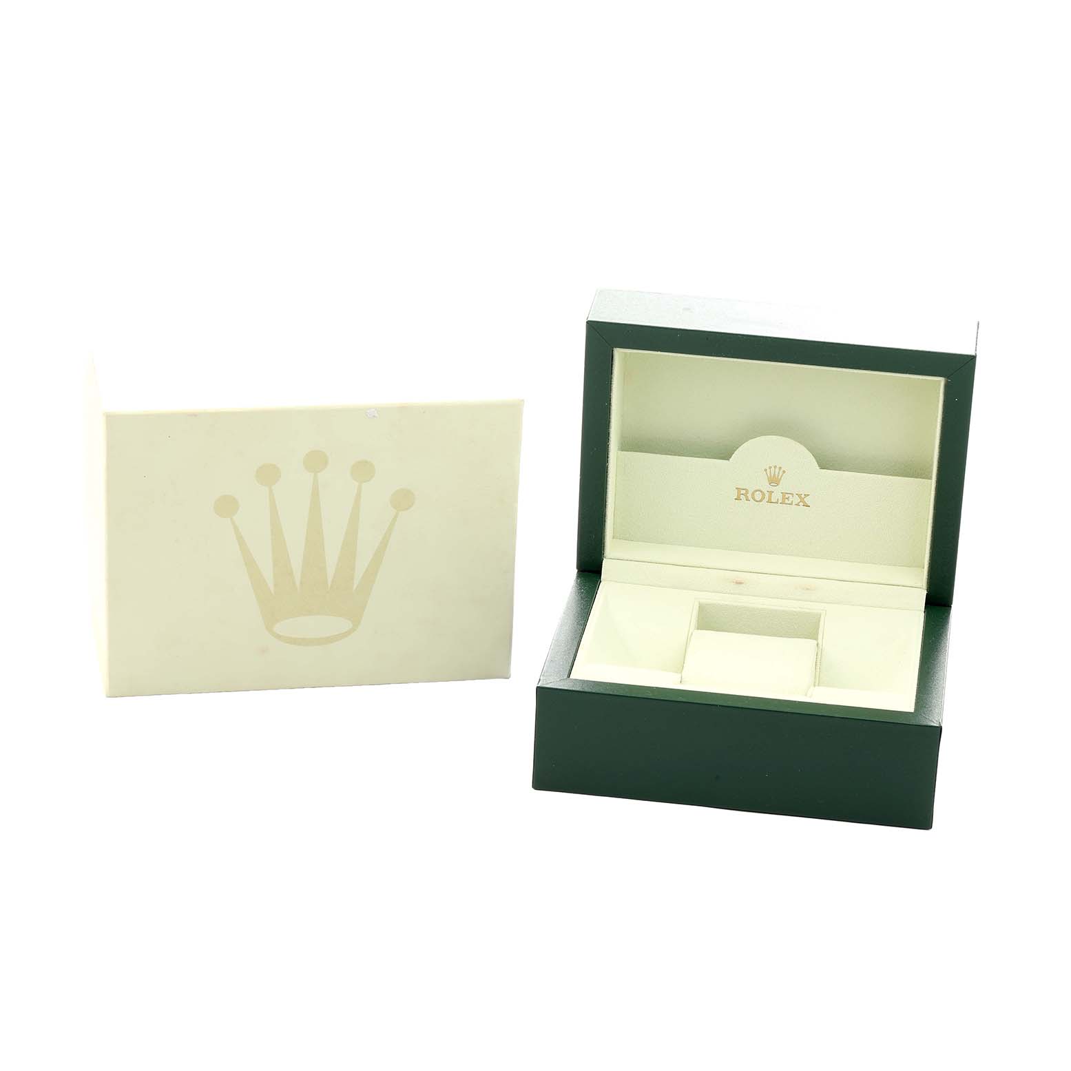 The image shows an open Rolex Oyster Perpetual 176200 Women
s Stainless Steel Pink Dial box and its outer cardboard case, viewed from the front at eye level.