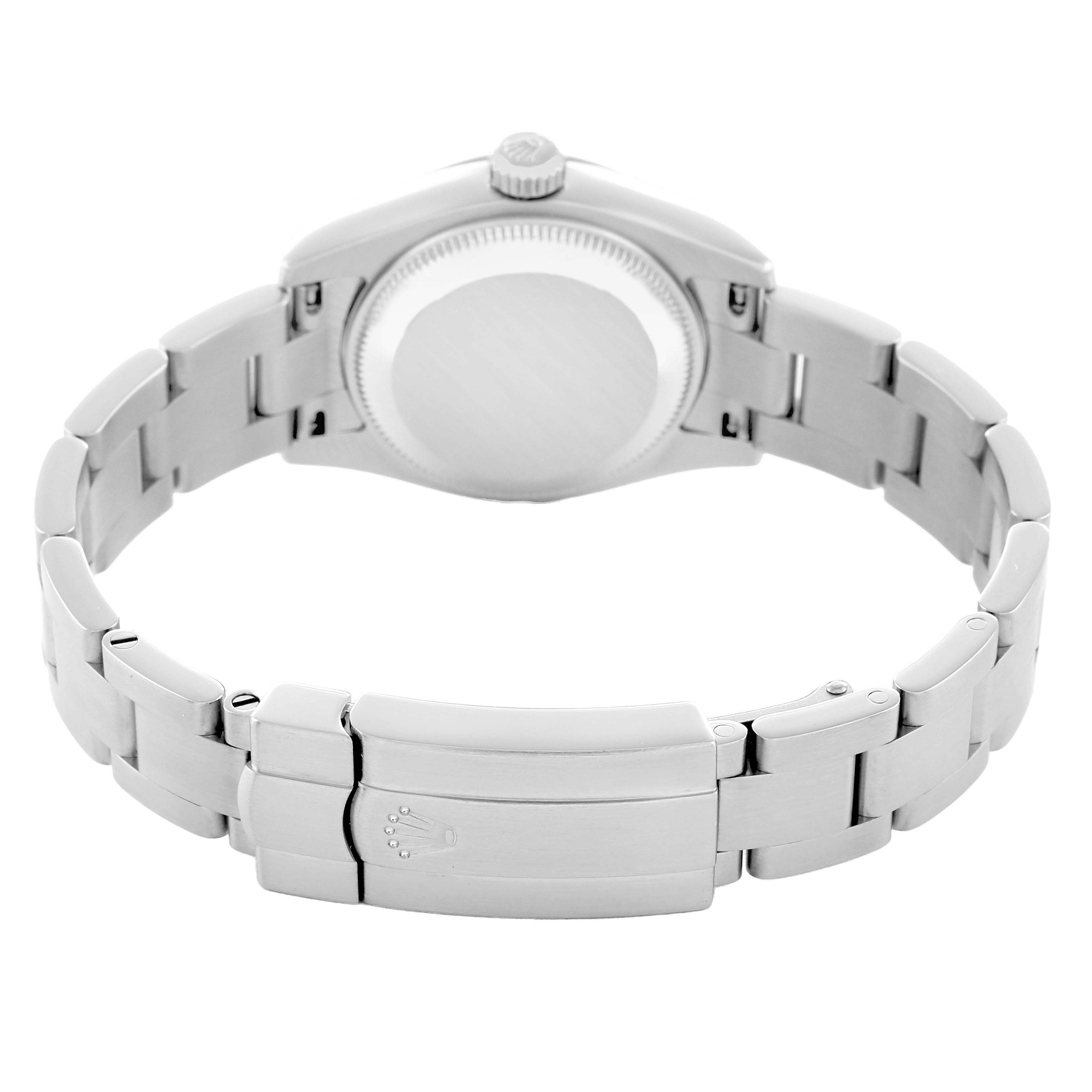 The image shows the back view of a Rolex Oyster Perpetual 176200 Women
s Stainless Steel Pink Dial watch, featuring the bracelet and case back.