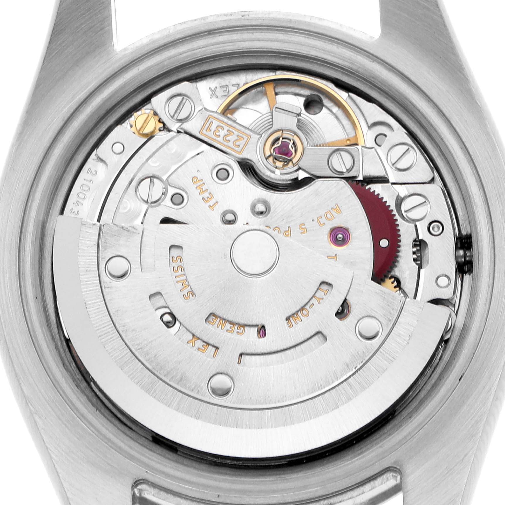 The image shows the movement mechanism of a Rolex Oyster Perpetual 176200 Women
s Stainless Steel Pink Dial watch from the back, highlighting the rotor and gears.