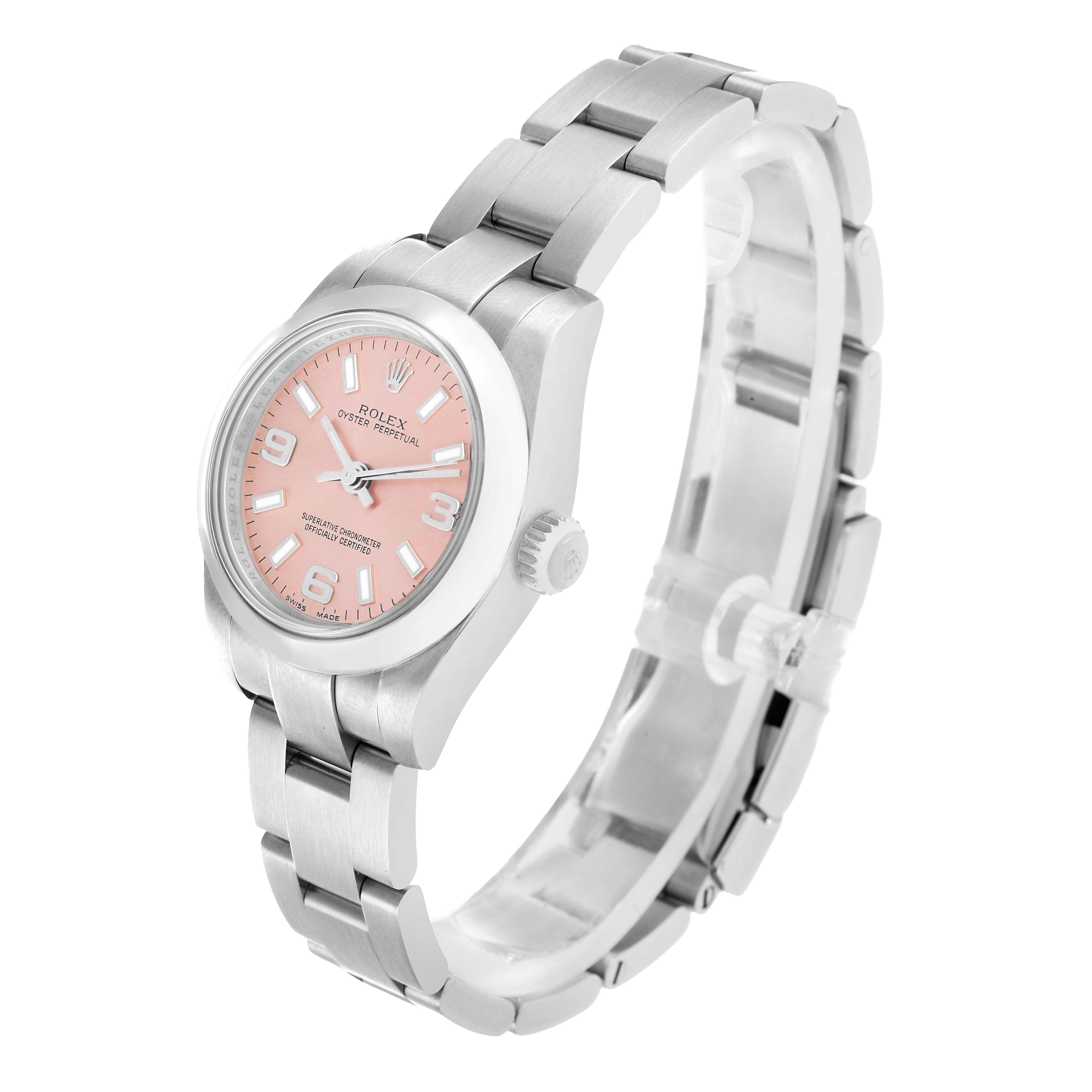 The Rolex Oyster Perpetual 176200 Women
s Stainless Steel Pink Dial watch is shown at a three-quarter angle, highlighting the bracelet, case, and pink dial.