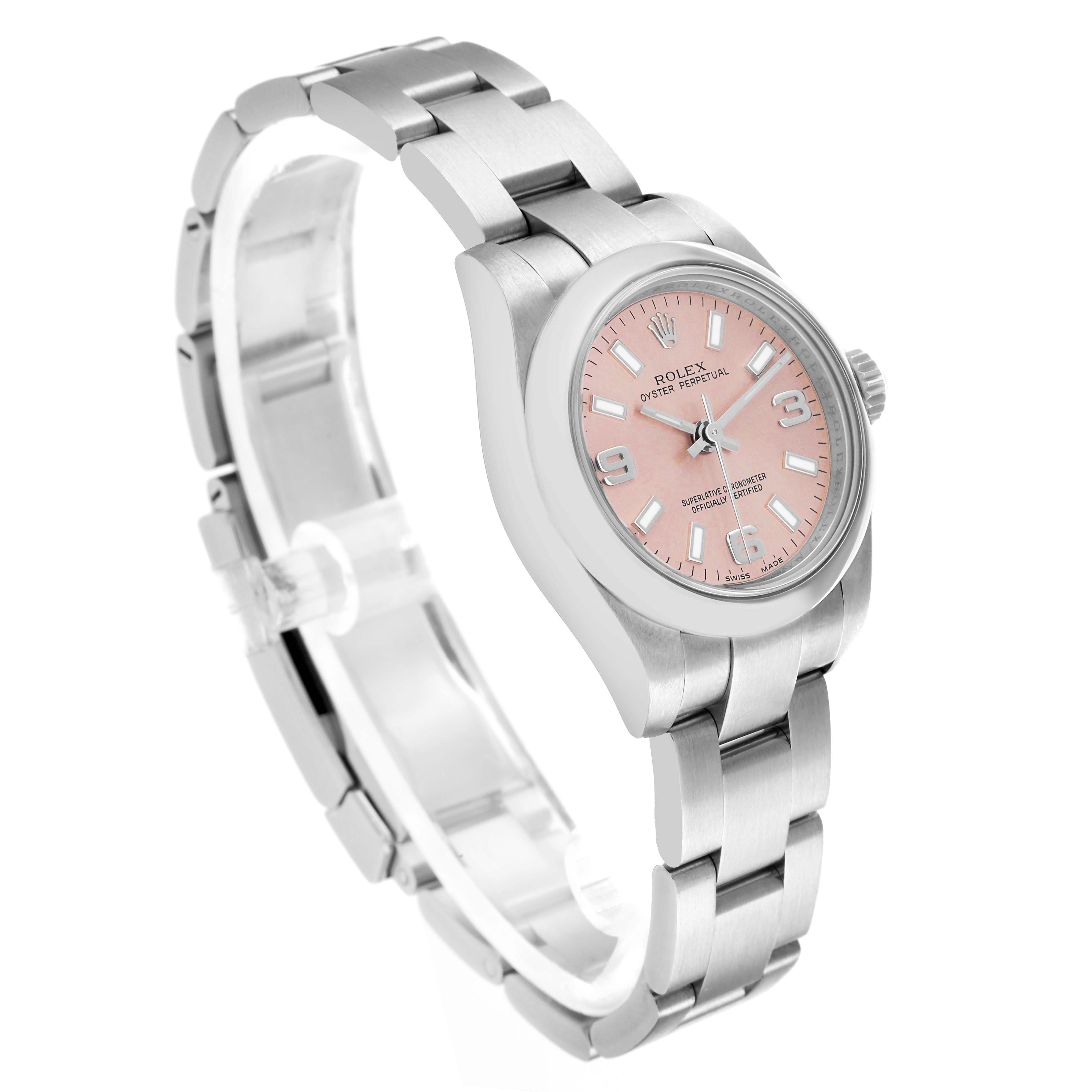 The Rolex Oyster Perpetual 176200 Women
s Stainless Steel Pink Dial watch is shown at a slight angle, highlighting the case, bracelet, and pink dial.