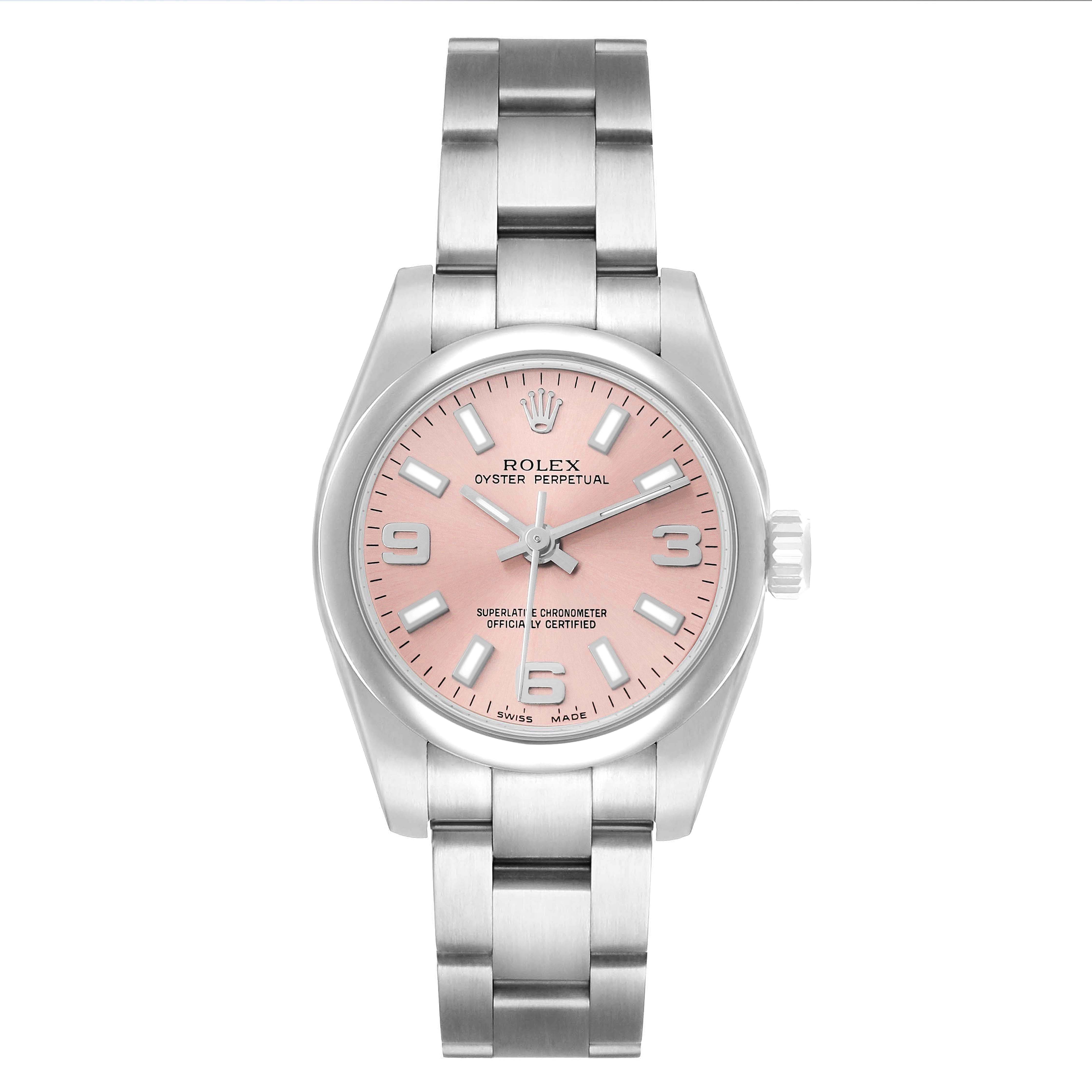 The image shows a front view of a Rolex Oyster Perpetual 176200 Women
s Stainless Steel Pink Dial watch featuring a pink dial and stainless steel bracelet.