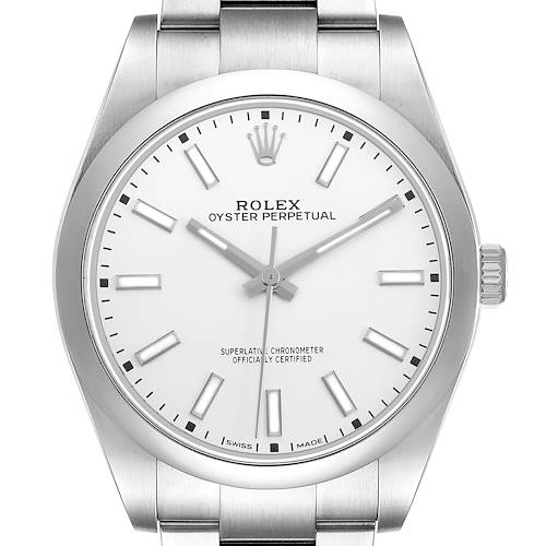 The Rolex Oyster Perpetual 114300 Men's Stainless Steel White Dial watch is shown from a front view, displaying its dial, hour markers, hands, and part of the bracelet.