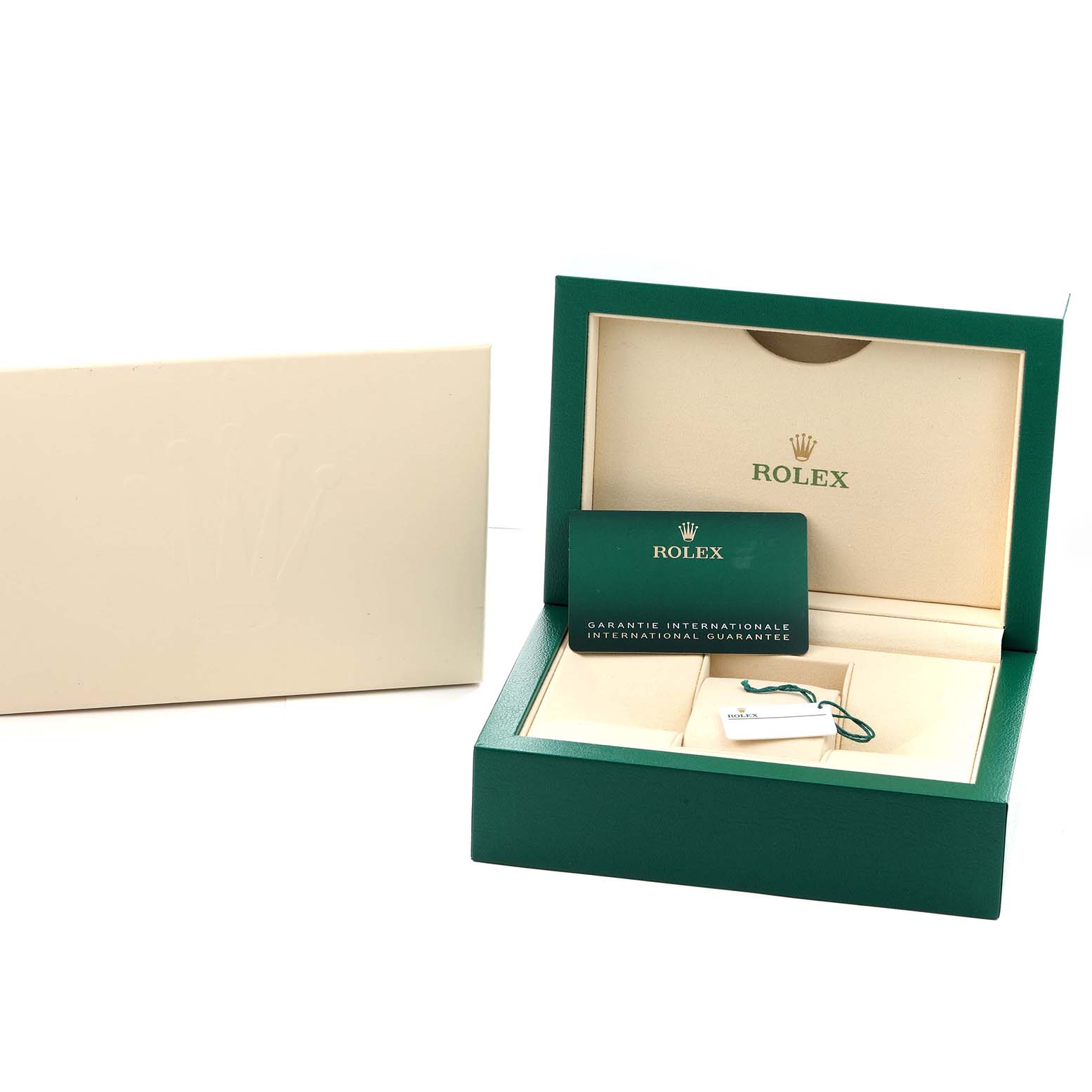 The image shows a green Rolex Air-King 126900 Men
s Stainless Steel Black Dial watch box with an international guarantee card and a white sleeve.