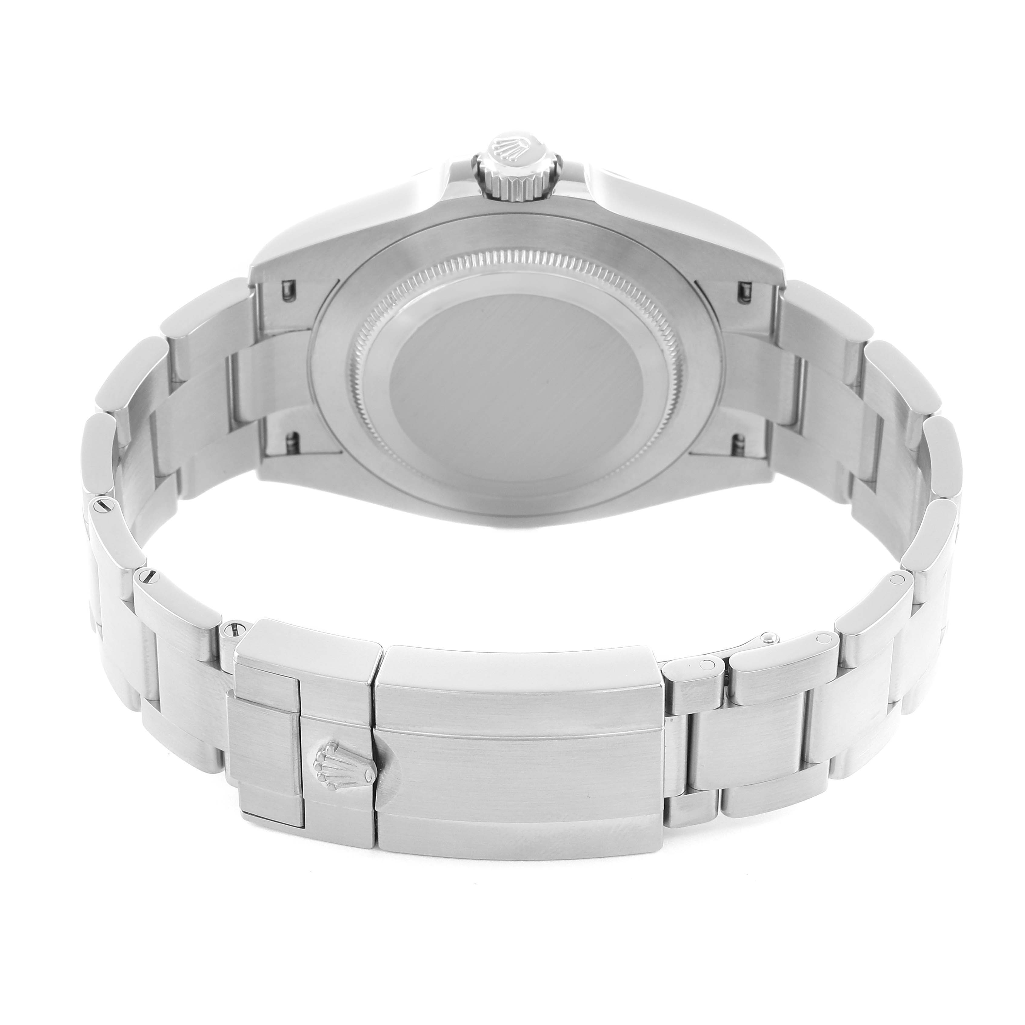 The image shows the back and clasp of a Rolex Air-King 126900 Men
s Stainless Steel Black Dial watch from a rear angle.