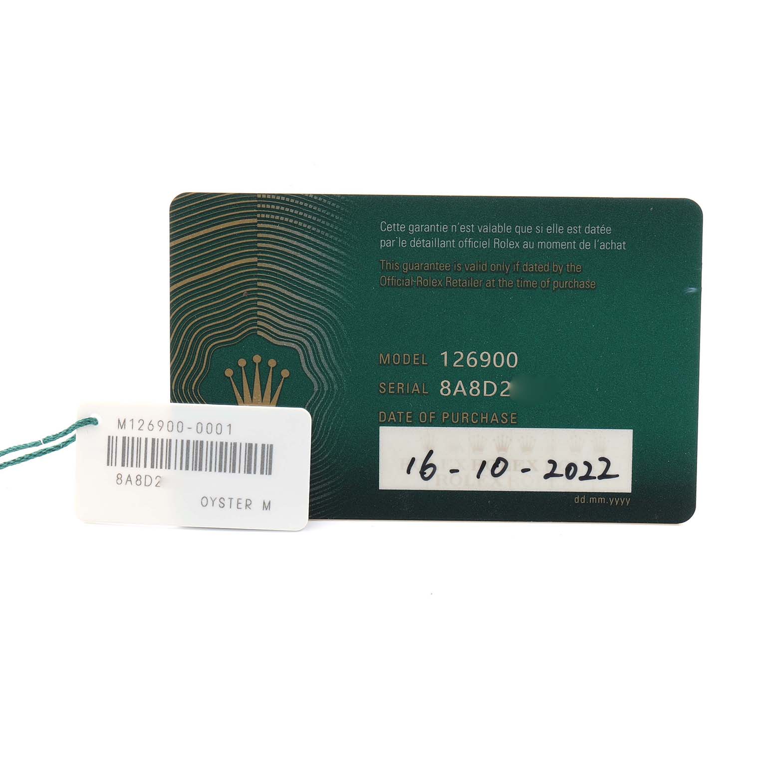 The image shows the warranty card and tag for a Rolex Air-King 126900 Men
s Stainless Steel Black Dial model, displaying the model and serial number.