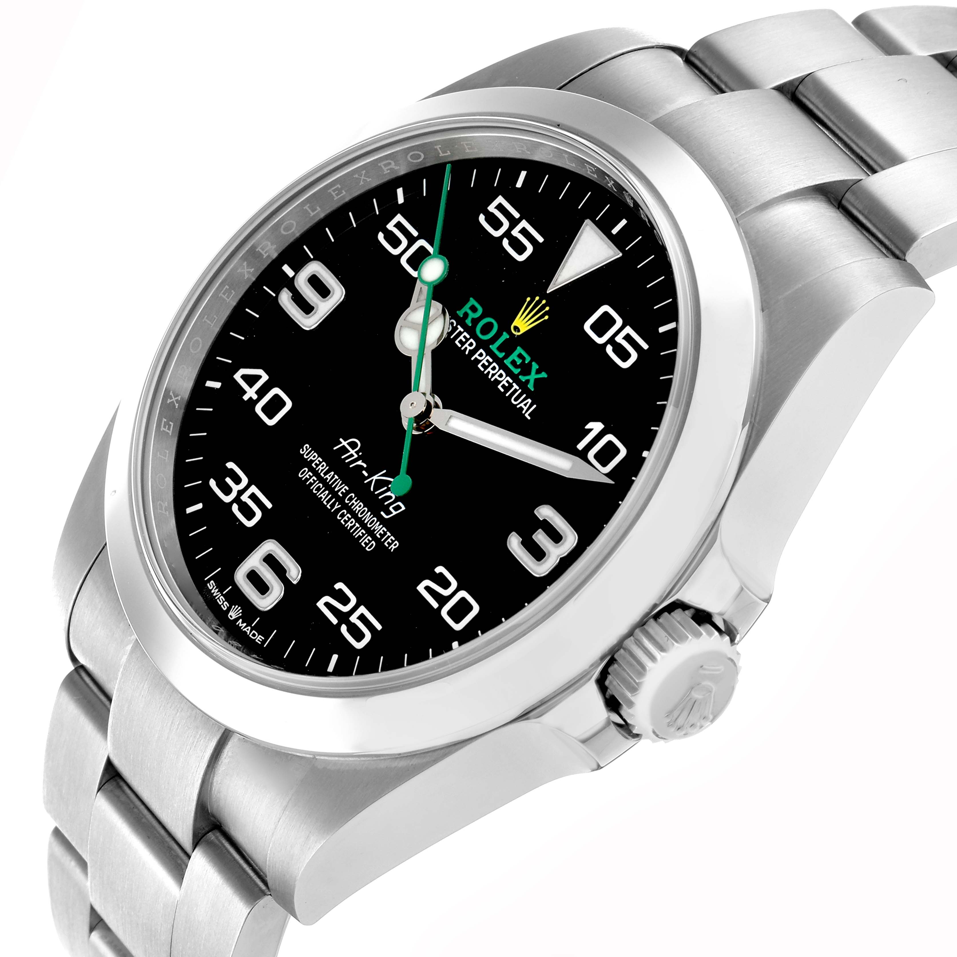 The Rolex Air-King 126900 Men
s Stainless Steel Black Dial watch is shown at a slight side angle, highlighting the face, crown, bezel, and part of the bracelet.