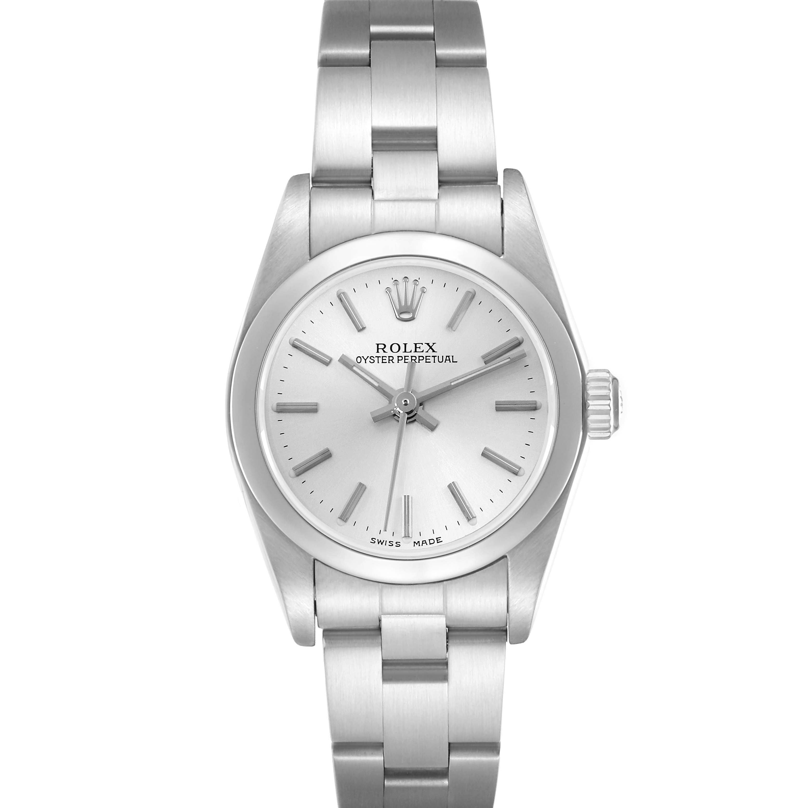 The Rolex Oyster Perpetual 76080 Women
s Stainless Steel Silver Dial watch is shown from a front angle, displaying the dial, bezel, bracelet, and crown.