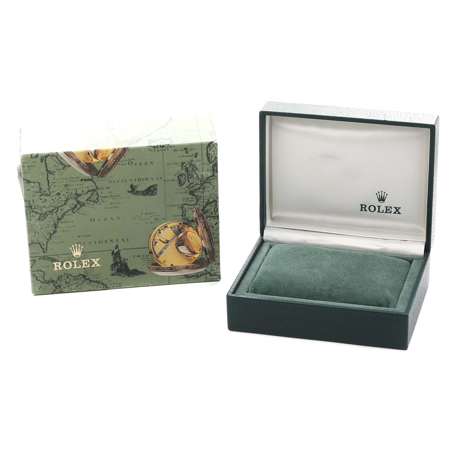 The image shows a Rolex Oyster Perpetual 76080 Women
s Stainless Steel Silver Dial watch box and outer packaging, displaying the logos and design details.